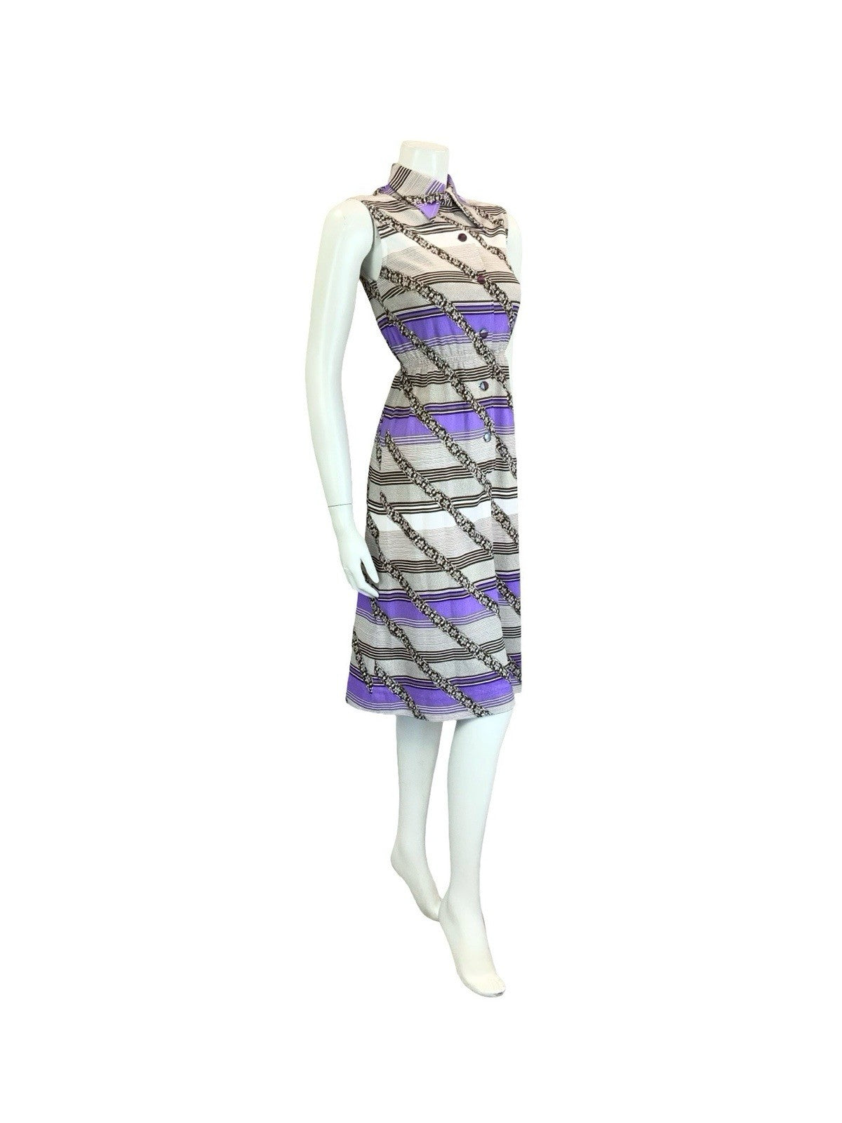 VTG 60S 70S WHITE BLACK PURPLE GEOMETRIC STRIPE DAGGER COLLAR SHIRT DRESS 8