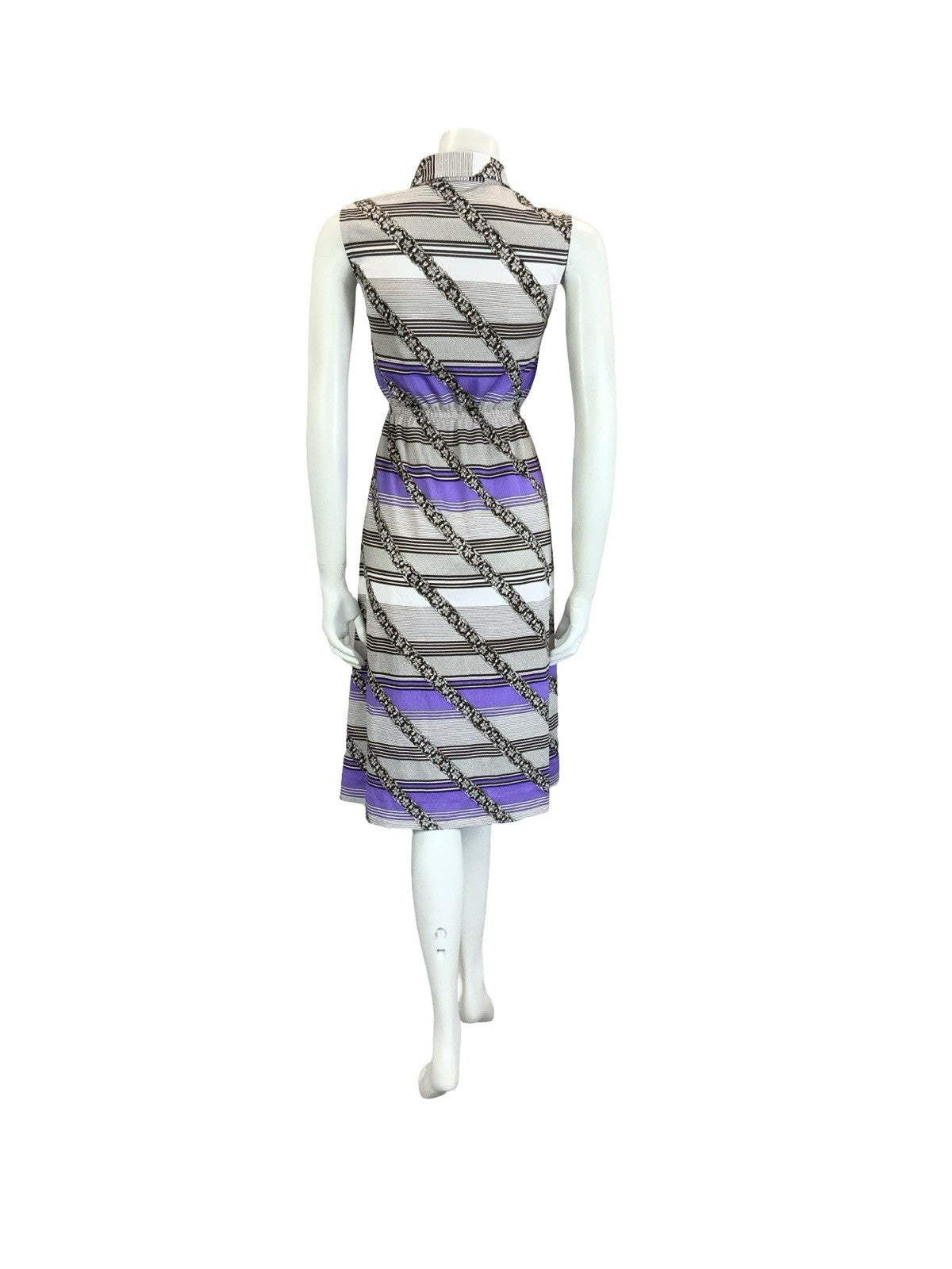 VTG 60S 70S WHITE BLACK PURPLE GEOMETRIC STRIPE DAGGER COLLAR SHIRT DRESS 8