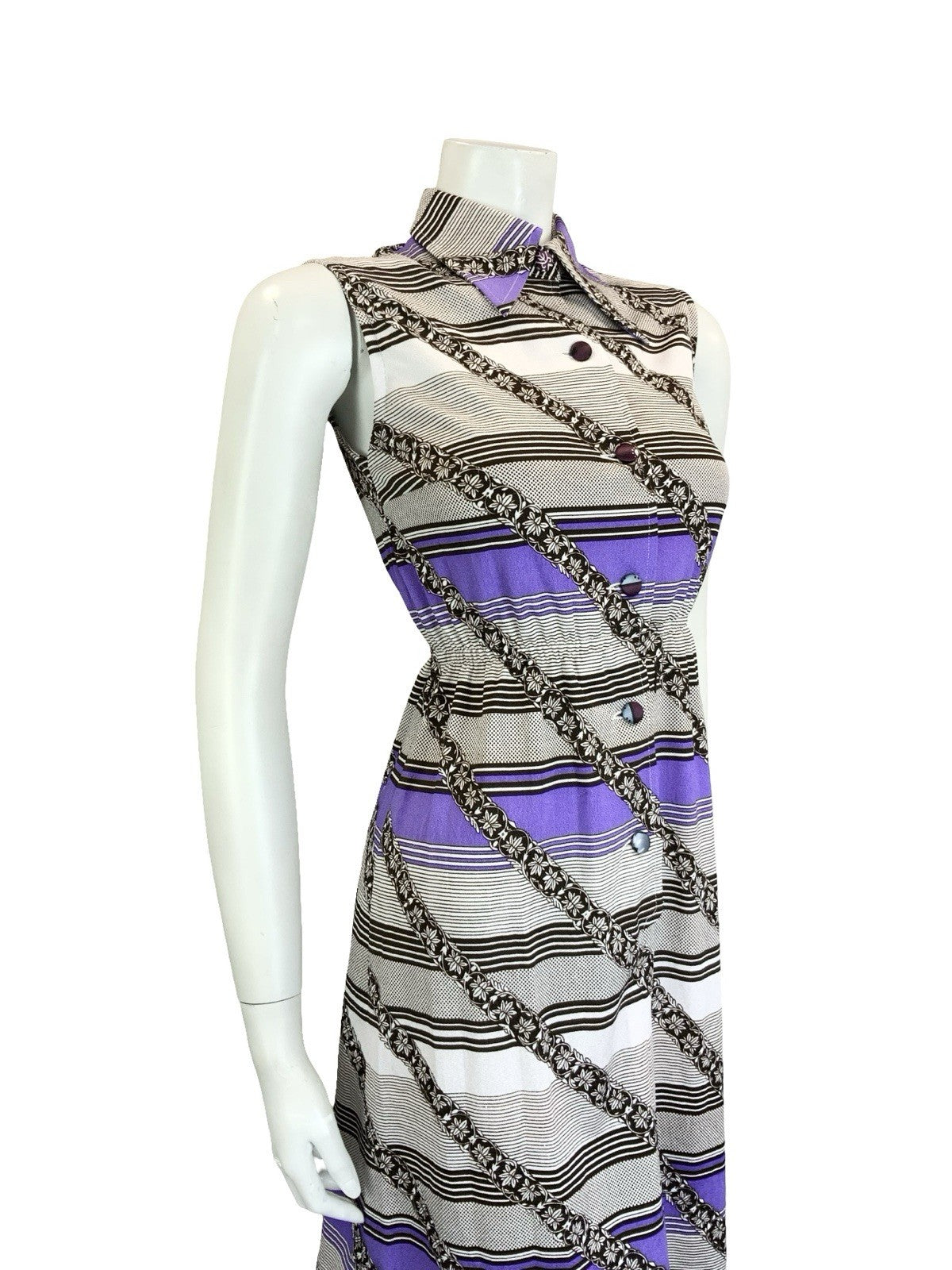 VTG 60S 70S WHITE BLACK PURPLE GEOMETRIC STRIPE DAGGER COLLAR SHIRT DRESS 8