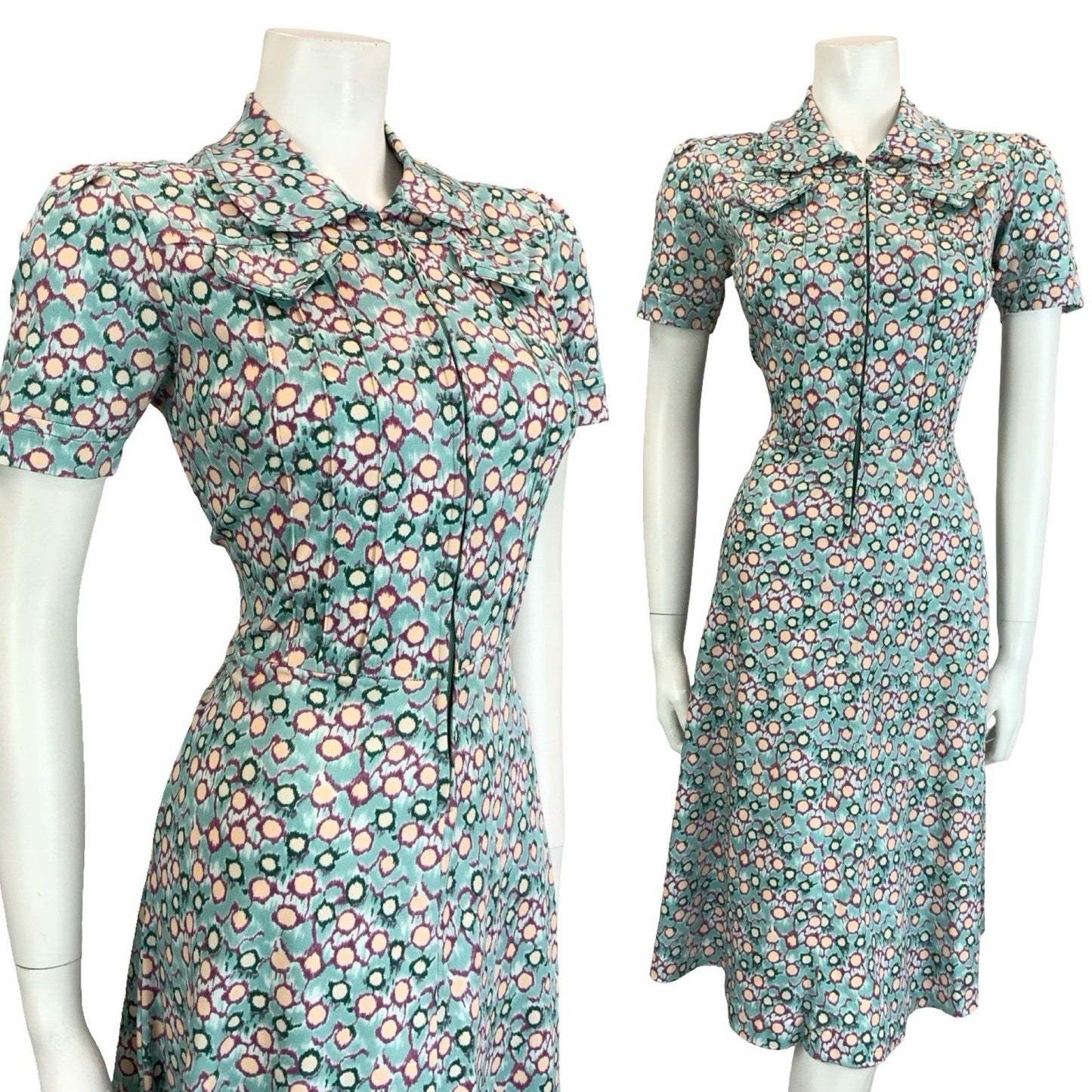VTG 60S 70S BLUE GREEN PURPLE PETER PAN ZIP UP DOT GEOMETRIC SHIRT DRESS 10