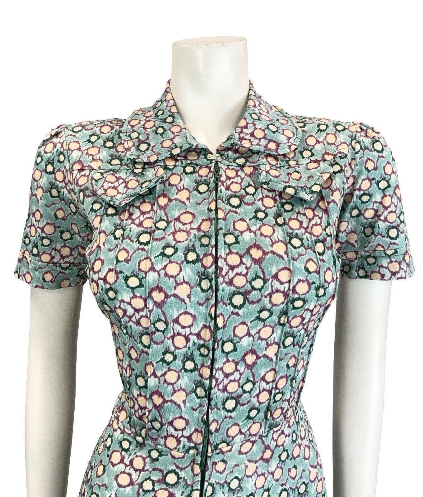 VTG 60S 70S BLUE GREEN PURPLE PETER PAN ZIP UP DOT GEOMETRIC SHIRT DRESS 10