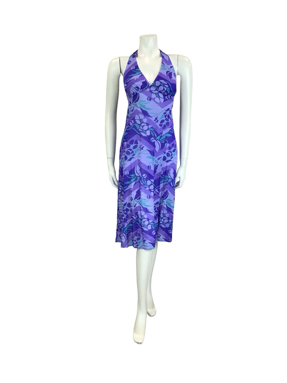 VTG 70S PURPLE TEAL ZIG ZAG GEOMETRIC FLORAL HALTER NECK MIDI DRESS 10 12