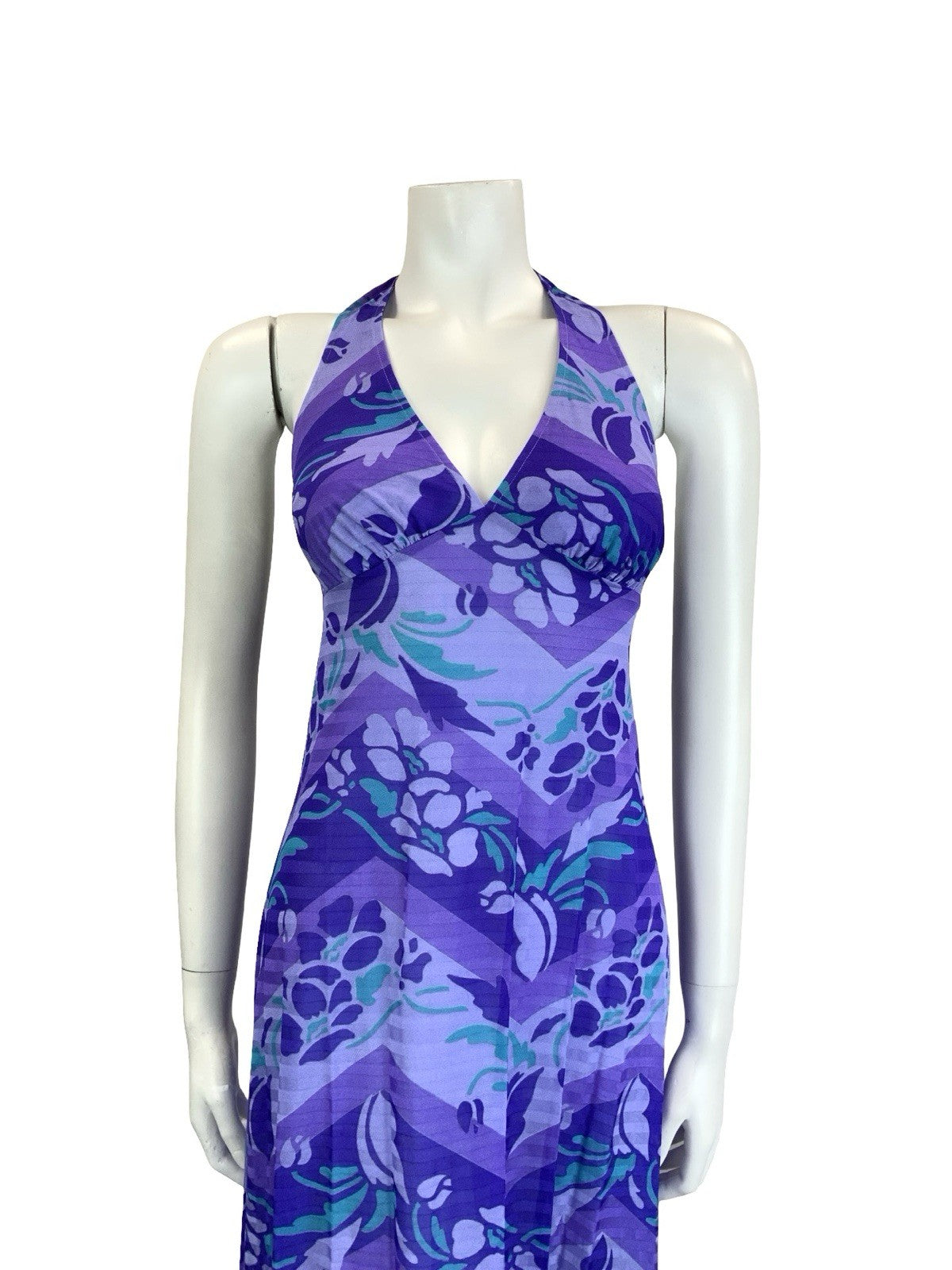 VTG 70S PURPLE TEAL ZIG ZAG GEOMETRIC FLORAL HALTER NECK MIDI DRESS 10 12