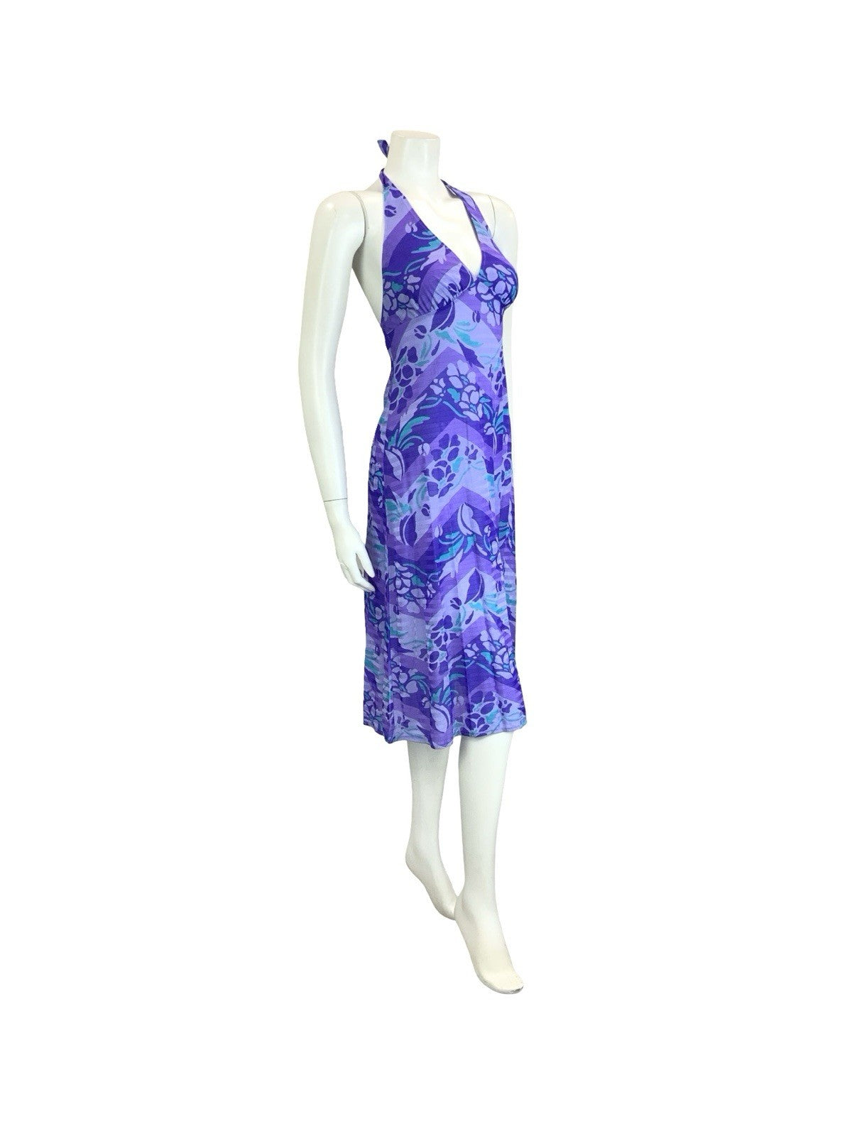 VTG 70S PURPLE TEAL ZIG ZAG GEOMETRIC FLORAL HALTER NECK MIDI DRESS 10 12