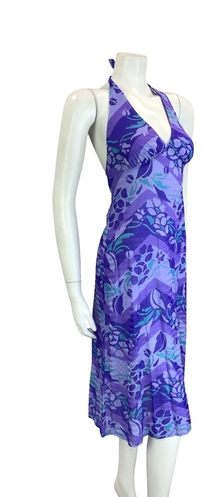 VTG 70S PURPLE TEAL ZIG ZAG GEOMETRIC FLORAL HALTER NECK MIDI DRESS 10 12