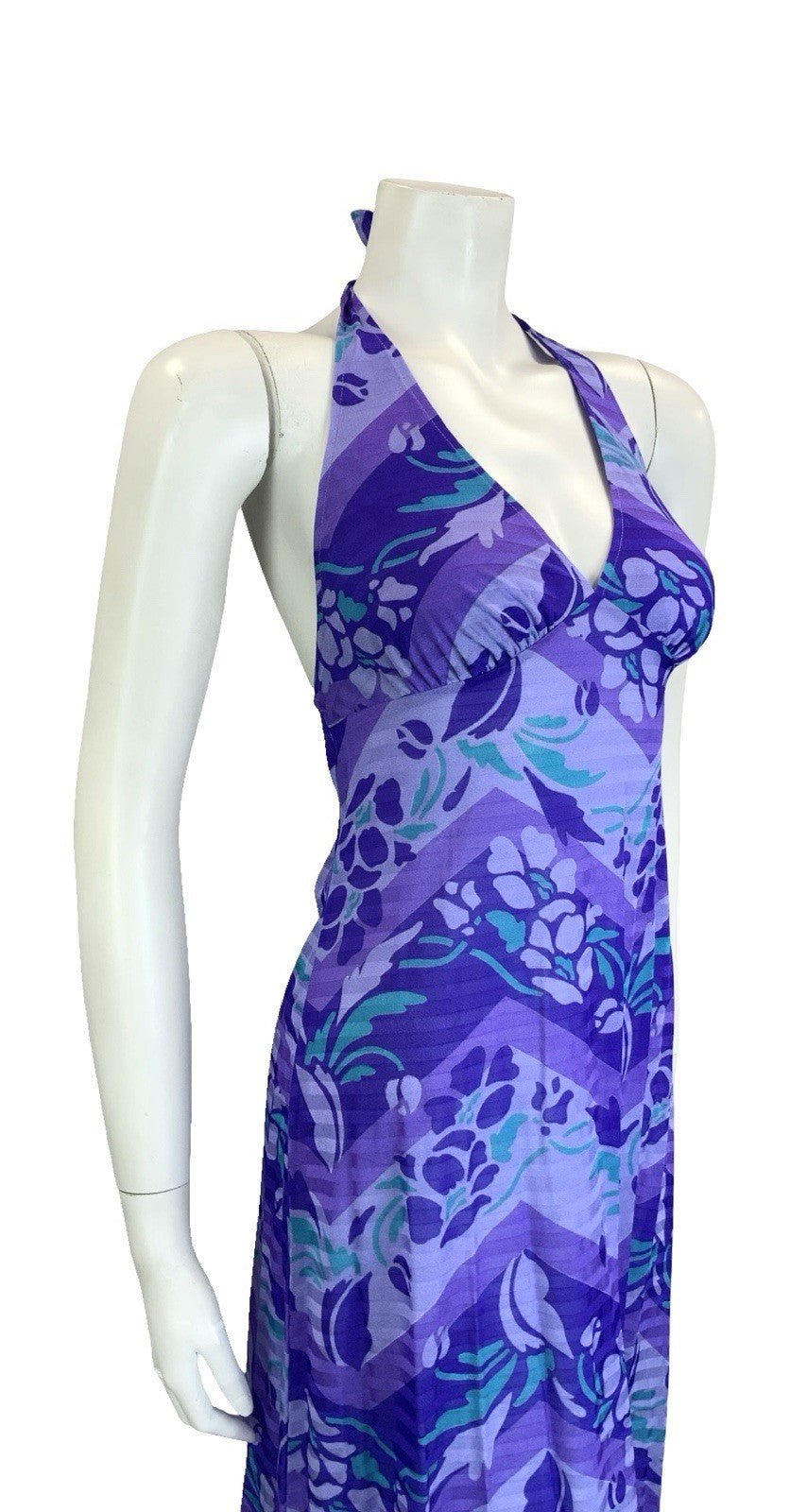 VTG 70S PURPLE TEAL ZIG ZAG GEOMETRIC FLORAL HALTER NECK MIDI DRESS 10 12