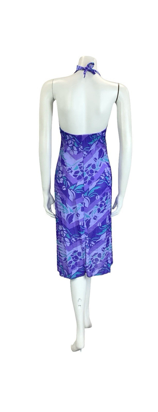 VTG 70S PURPLE TEAL ZIG ZAG GEOMETRIC FLORAL HALTER NECK MIDI DRESS 10 12