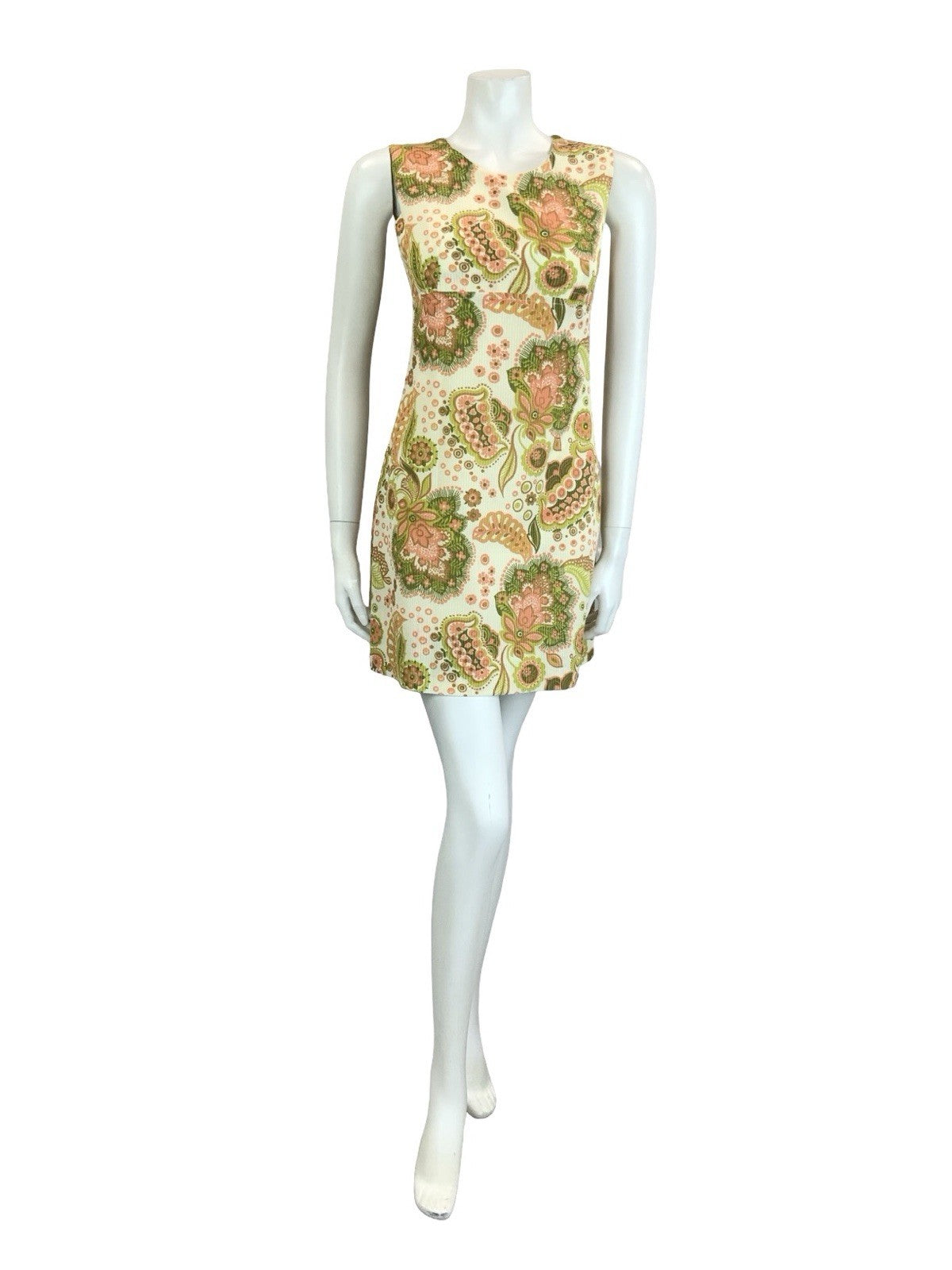 VTG 60S MOD CREAM PINK GREEN BROWN PSYCHEDELIC FLORAL EMPIRE MINI DRESS 8