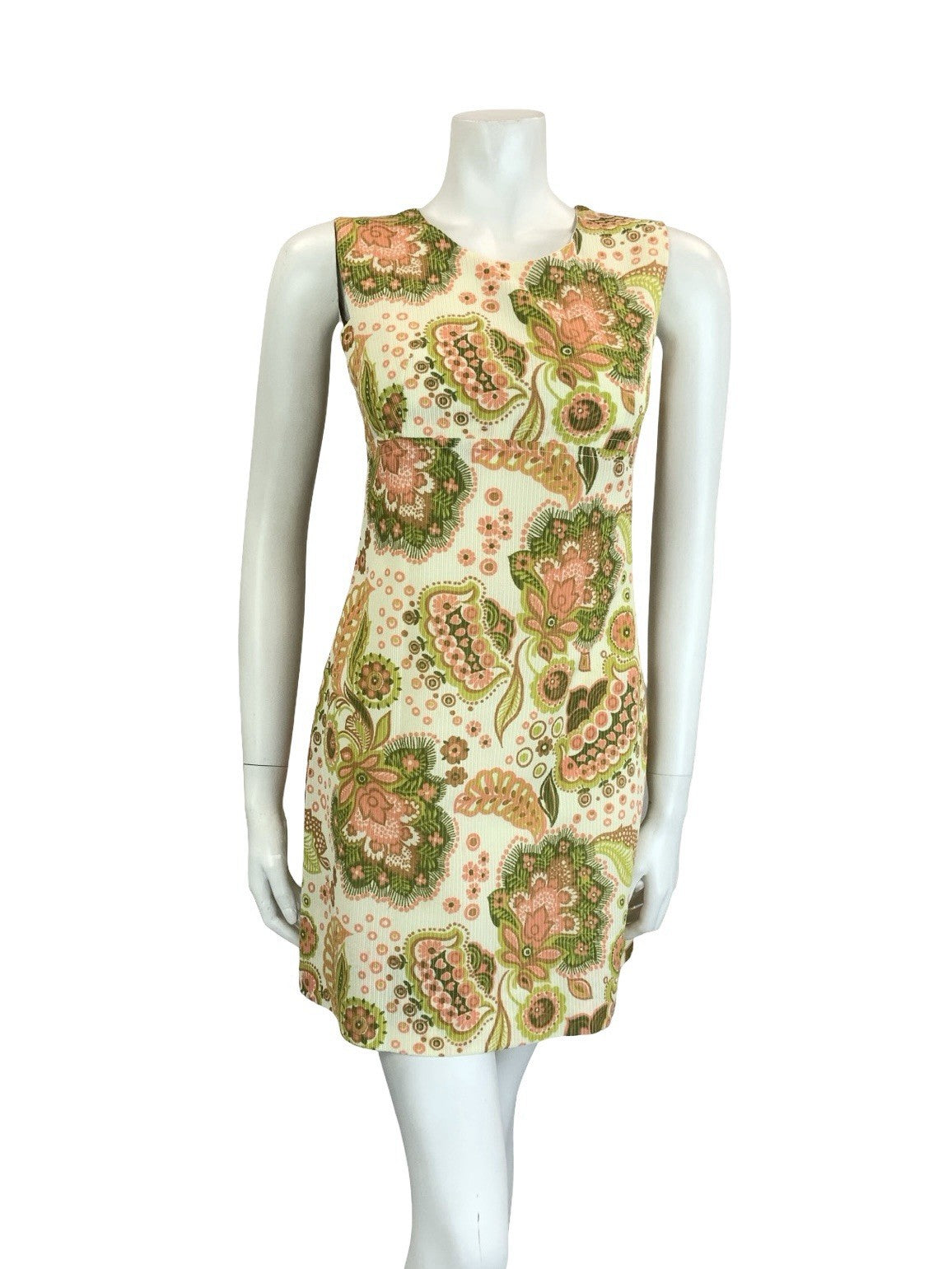 VTG 60S MOD CREAM PINK GREEN BROWN PSYCHEDELIC FLORAL EMPIRE MINI DRESS 8