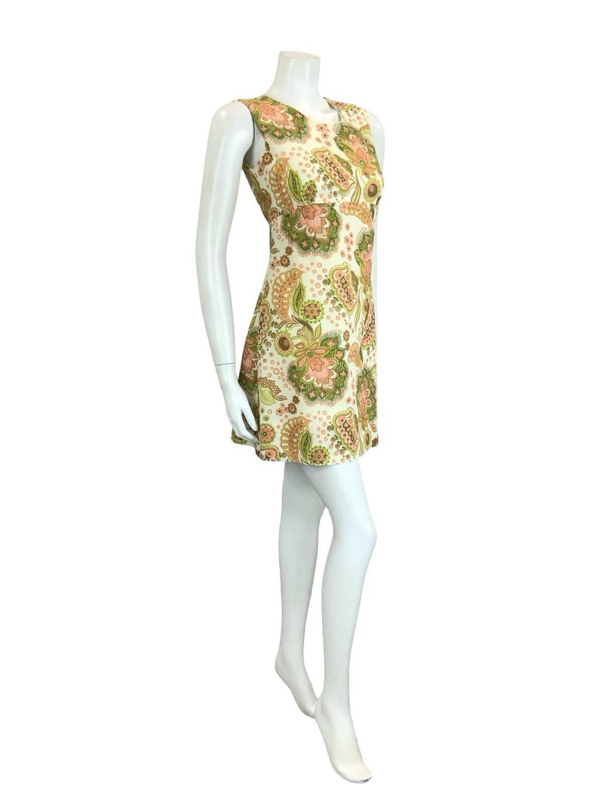 VTG 60S MOD CREAM PINK GREEN BROWN PSYCHEDELIC FLORAL EMPIRE MINI DRESS 8