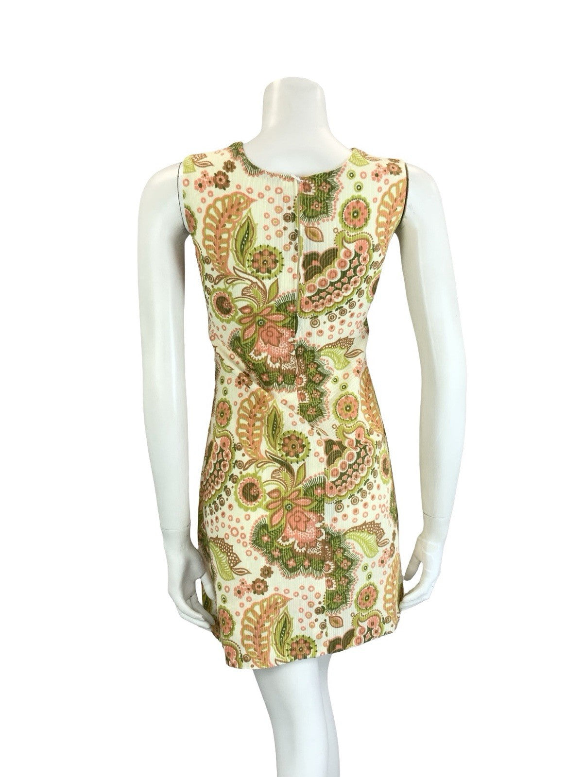 VTG 60S MOD CREAM PINK GREEN BROWN PSYCHEDELIC FLORAL EMPIRE MINI DRESS 8