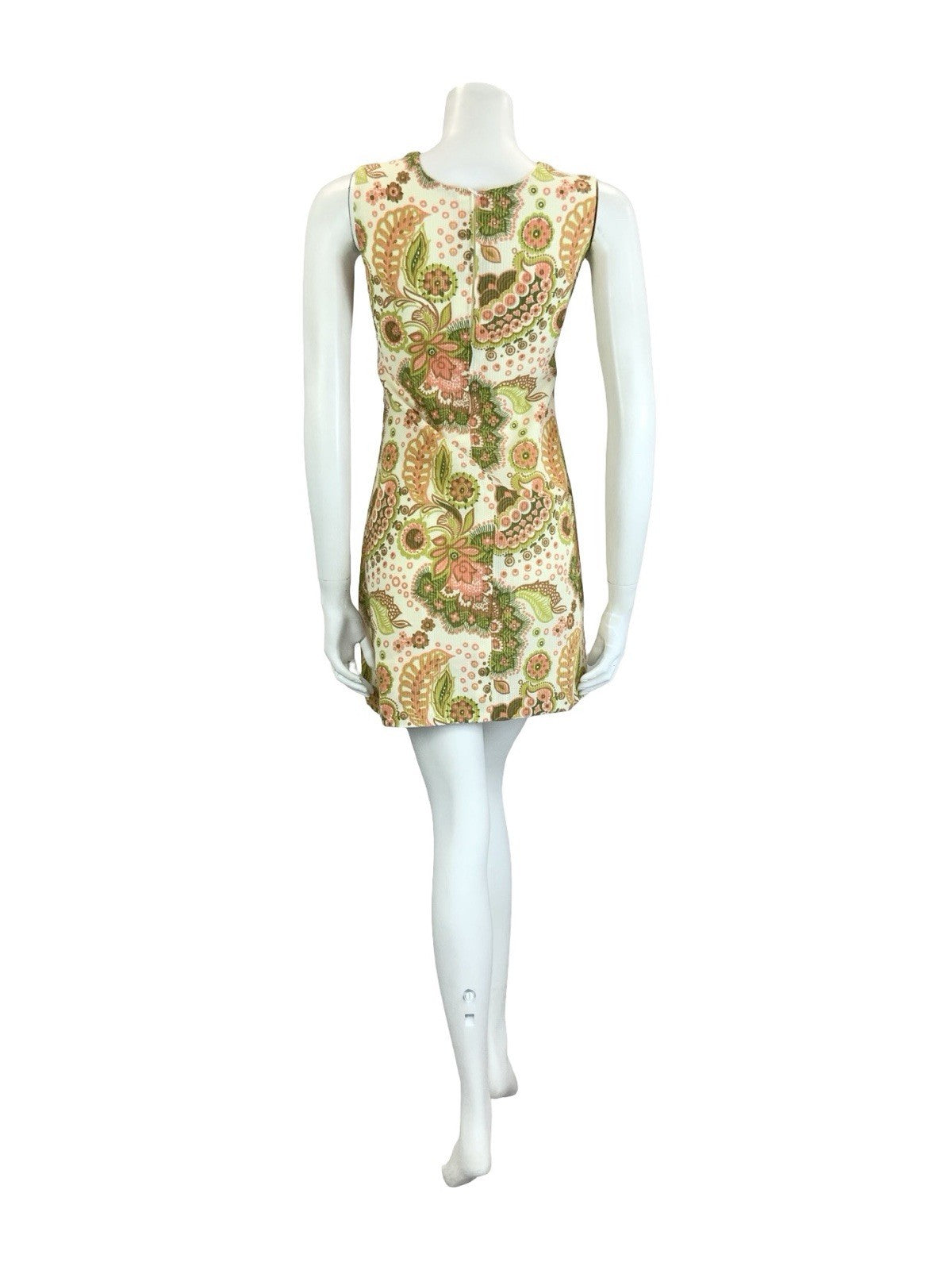 VTG 60S MOD CREAM PINK GREEN BROWN PSYCHEDELIC FLORAL EMPIRE MINI DRESS 8
