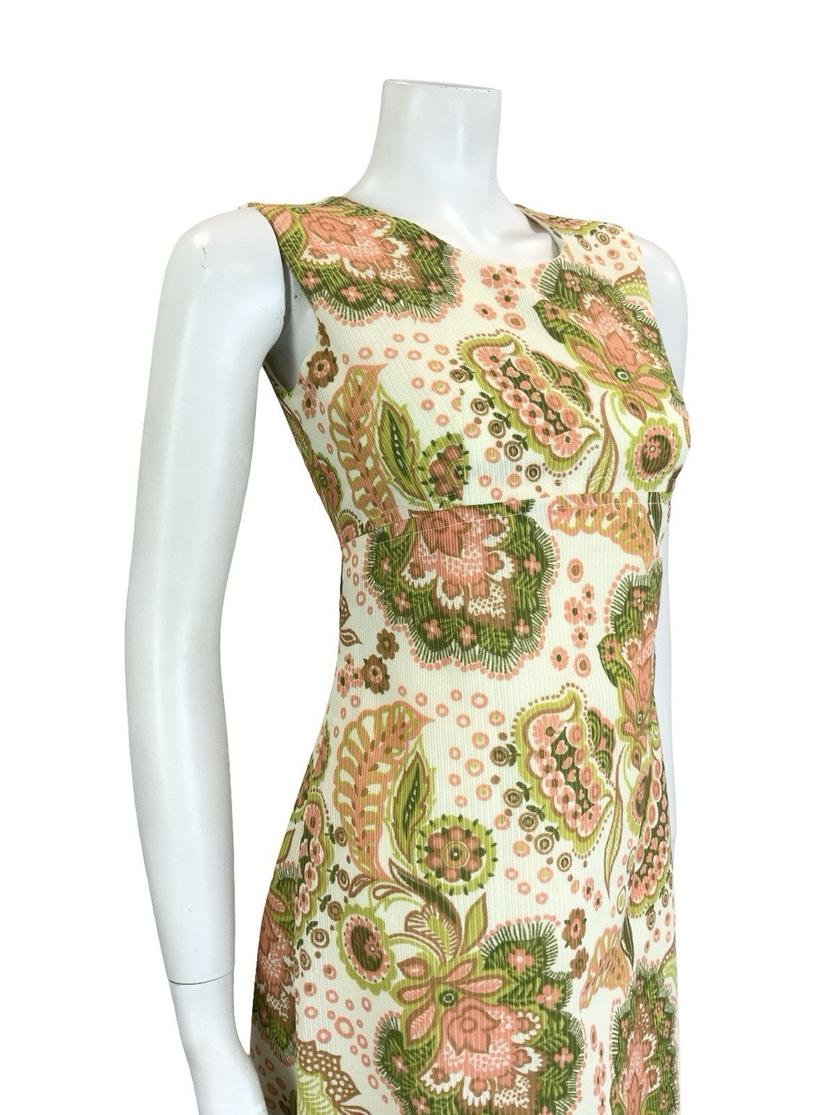 VTG 60S MOD CREAM PINK GREEN BROWN PSYCHEDELIC FLORAL EMPIRE MINI DRESS 8