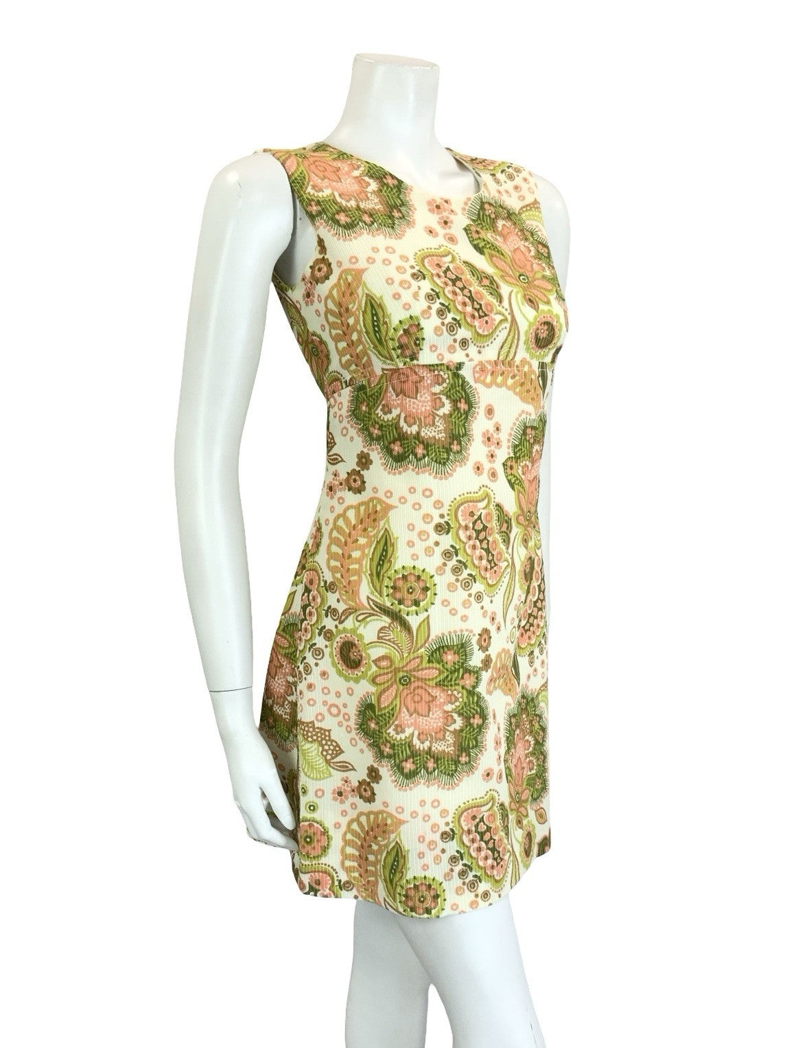 VTG 60S MOD CREAM PINK GREEN BROWN PSYCHEDELIC FLORAL EMPIRE MINI DRESS 8