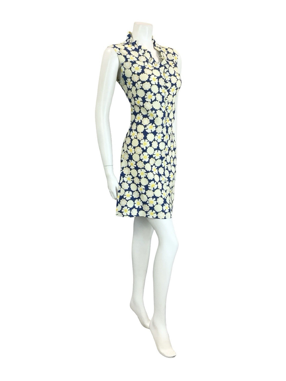 VTG 60S 70S NAVY BLUE WHITE YELLOW RUFFLE V NECK FLORAL MOD SHIFT DRESS 10