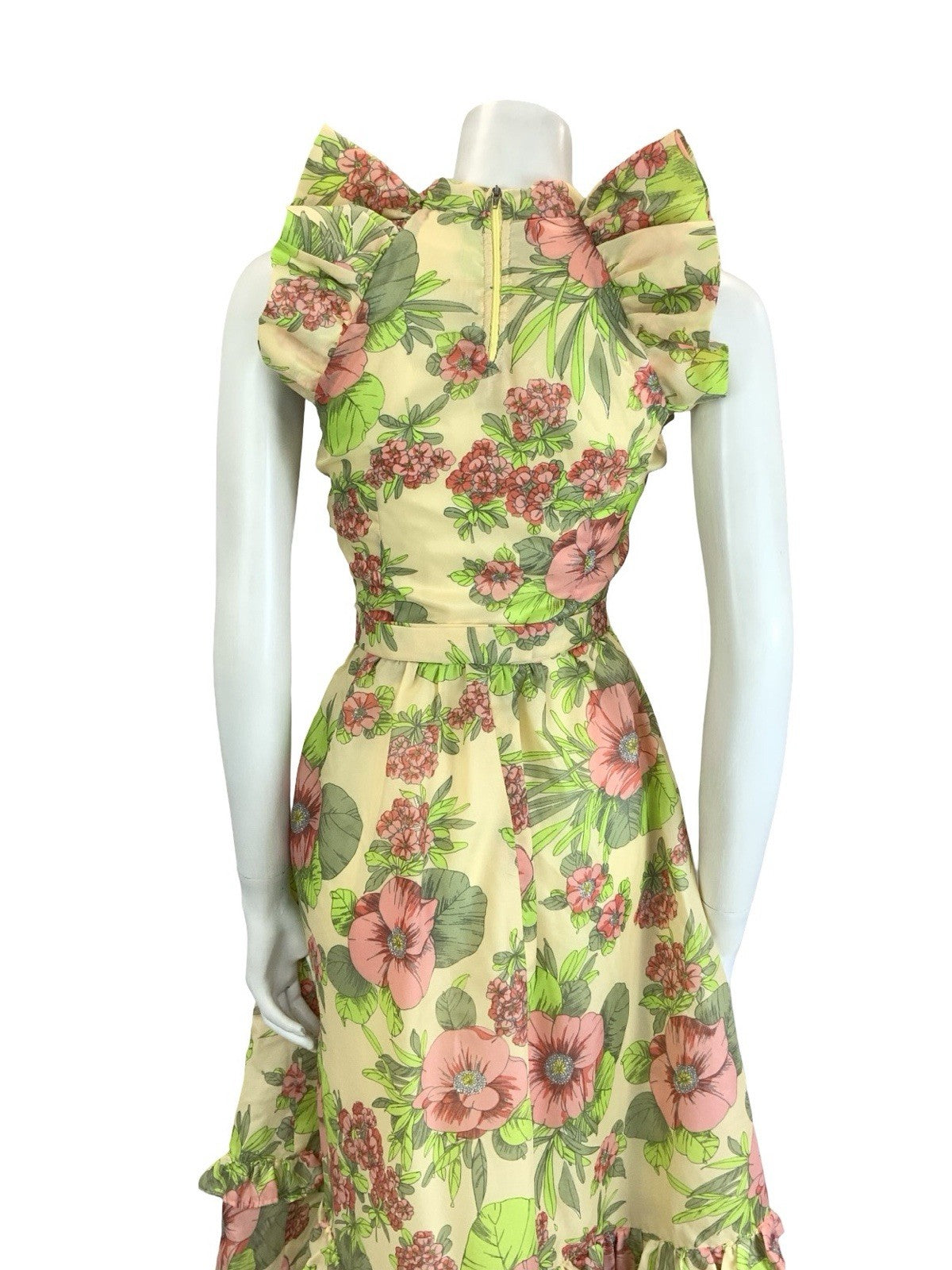 VTG 60S 70S CREAM PINK GREEN FLORAL RUFFLE KEYHOLE BELTED A LINE MIDI DRESS 4