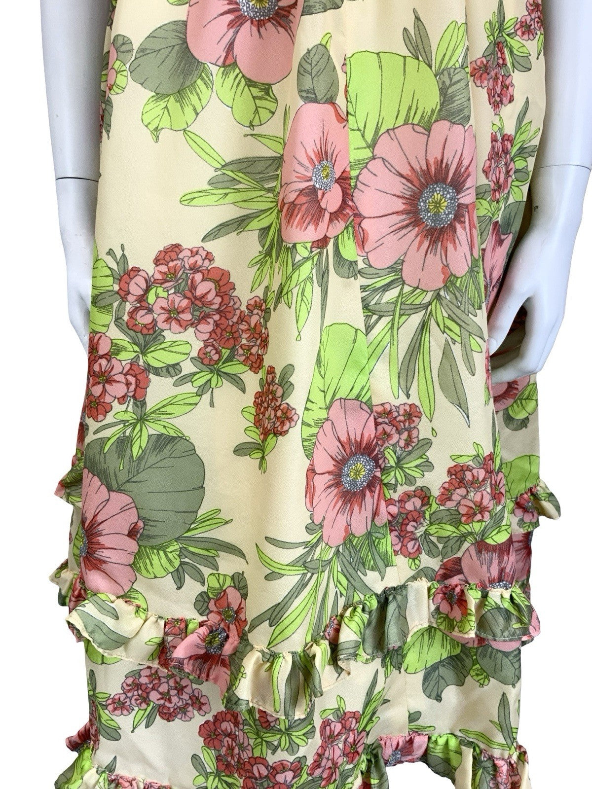 VTG 60S 70S CREAM PINK GREEN FLORAL RUFFLE KEYHOLE BELTED A LINE MIDI DRESS 4
