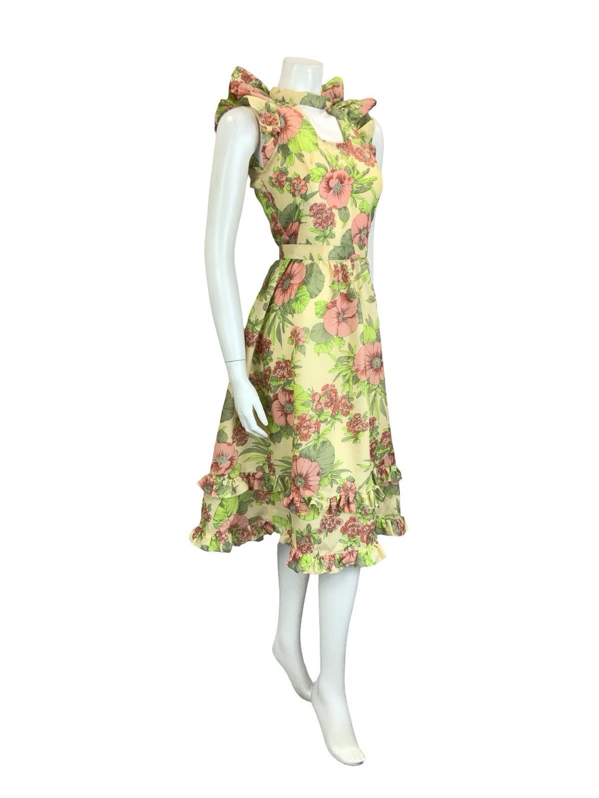 VTG 60S 70S CREAM PINK GREEN FLORAL RUFFLE KEYHOLE BELTED A LINE MIDI DRESS 4
