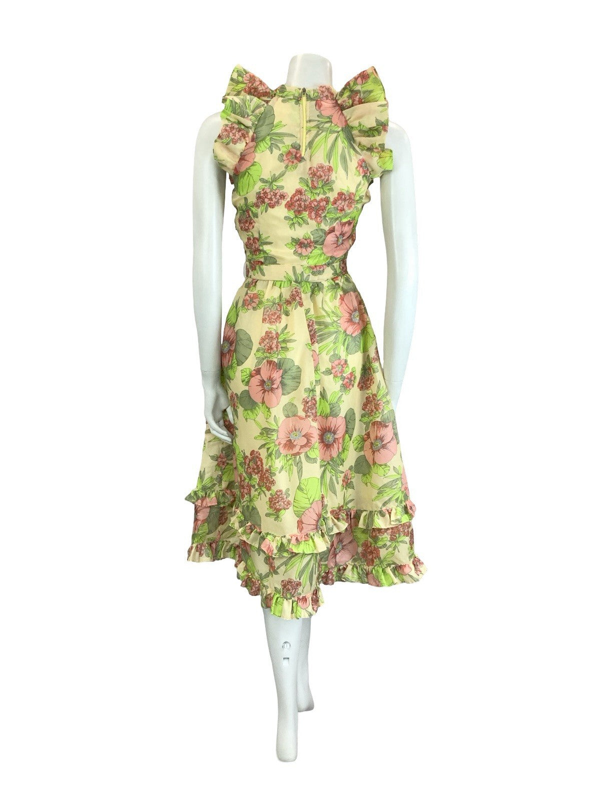VTG 60S 70S CREAM PINK GREEN FLORAL RUFFLE KEYHOLE BELTED A LINE MIDI DRESS 4
