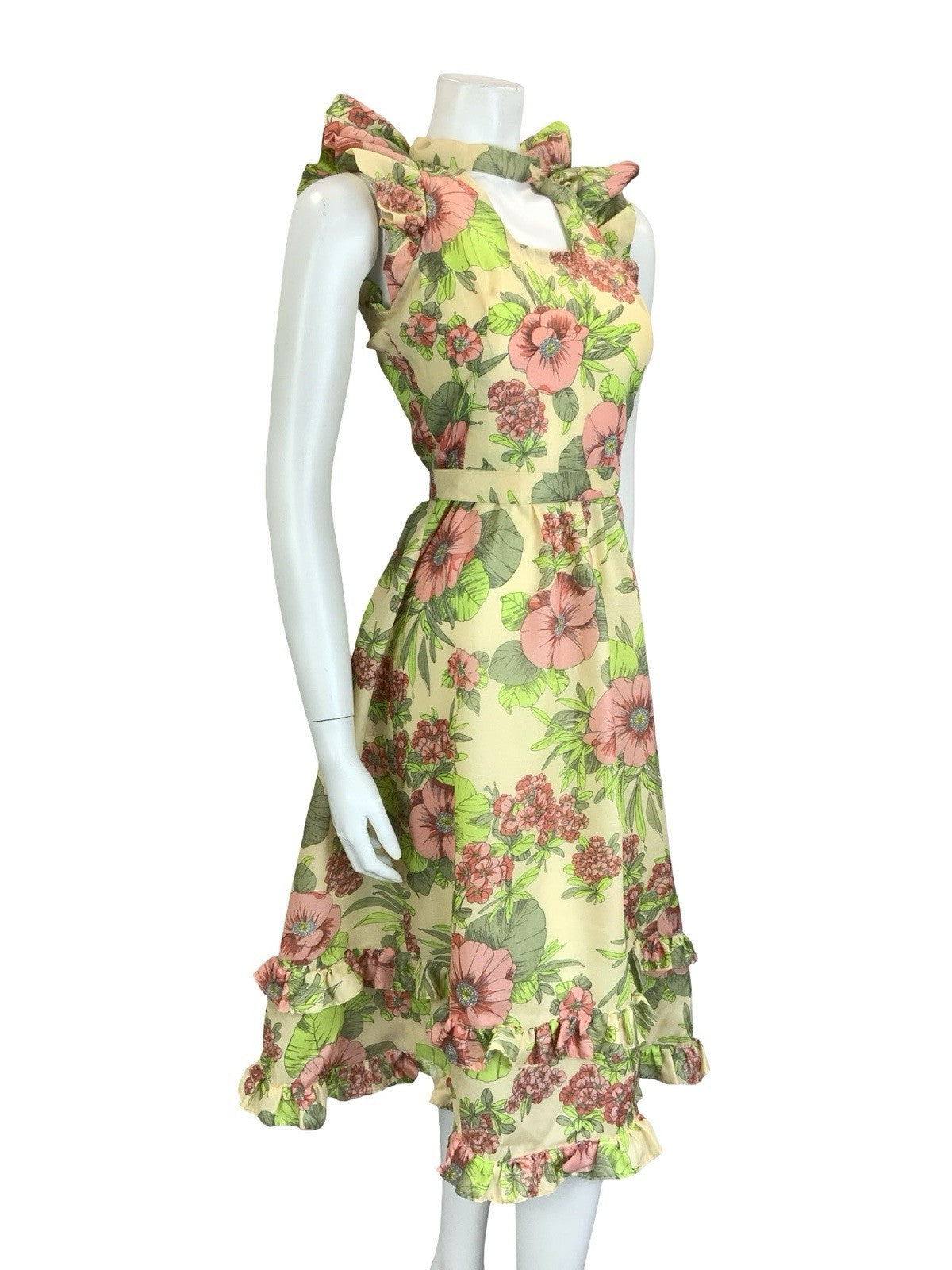 VTG 60S 70S CREAM PINK GREEN FLORAL RUFFLE KEYHOLE BELTED A LINE MIDI DRESS 4