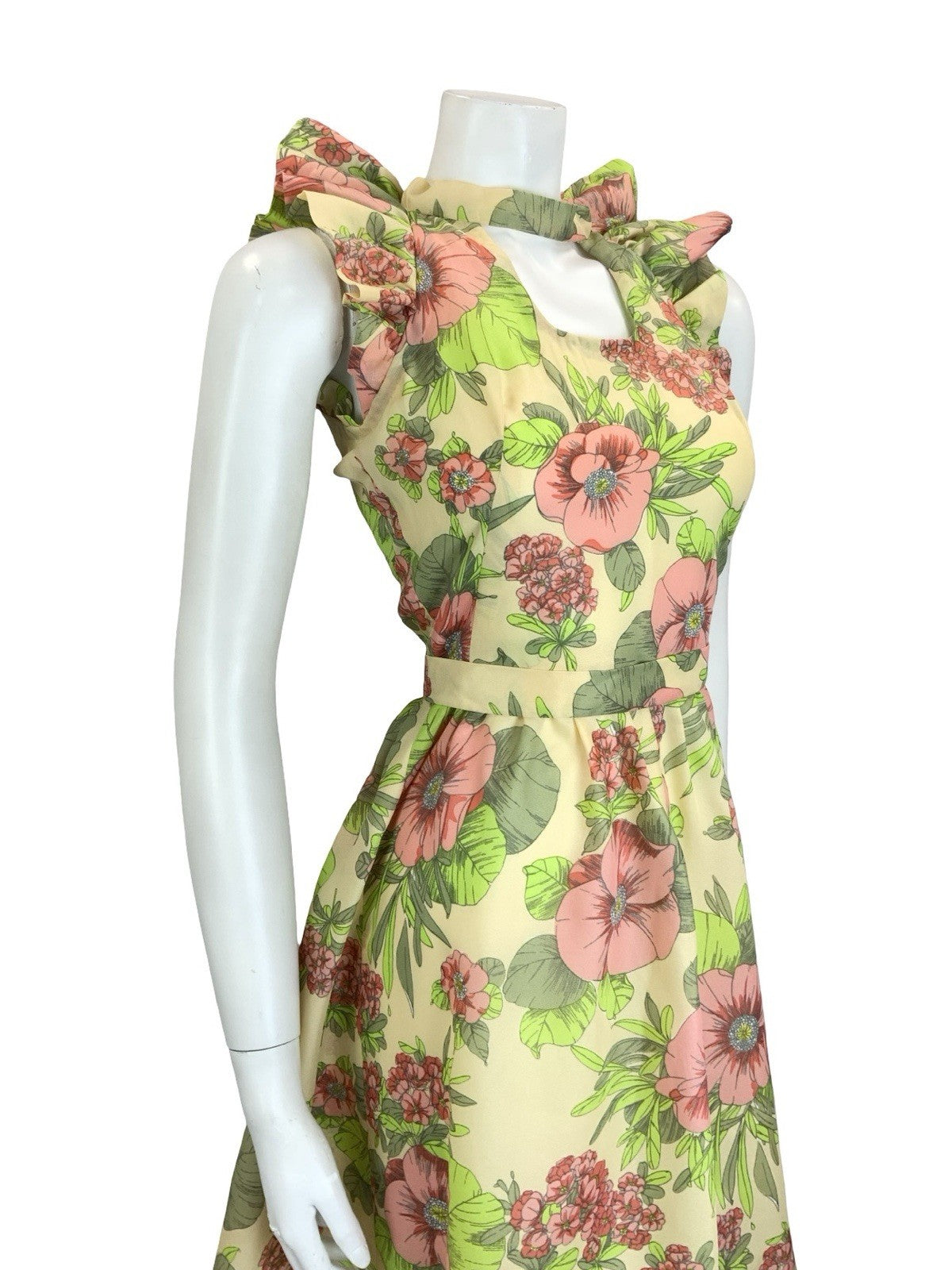 VTG 60S 70S CREAM PINK GREEN FLORAL RUFFLE KEYHOLE BELTED A LINE MIDI DRESS 4