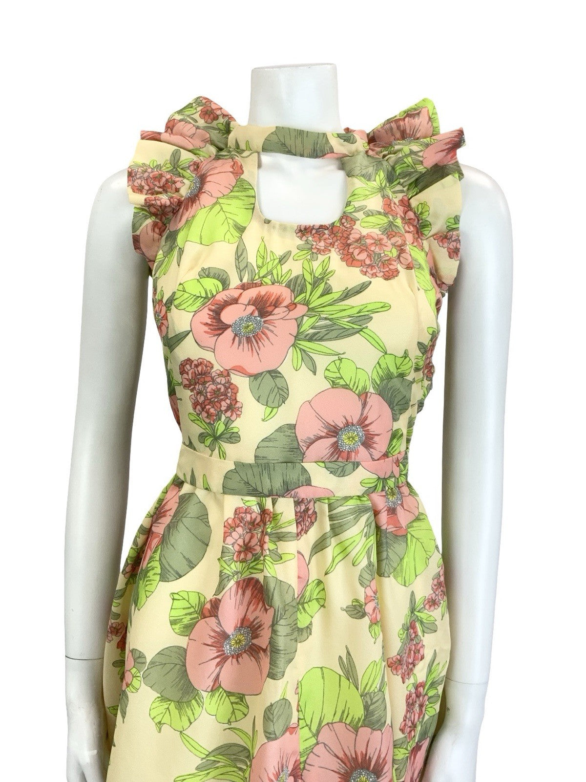 VTG 60S 70S CREAM PINK GREEN FLORAL RUFFLE KEYHOLE BELTED A LINE MIDI DRESS 4
