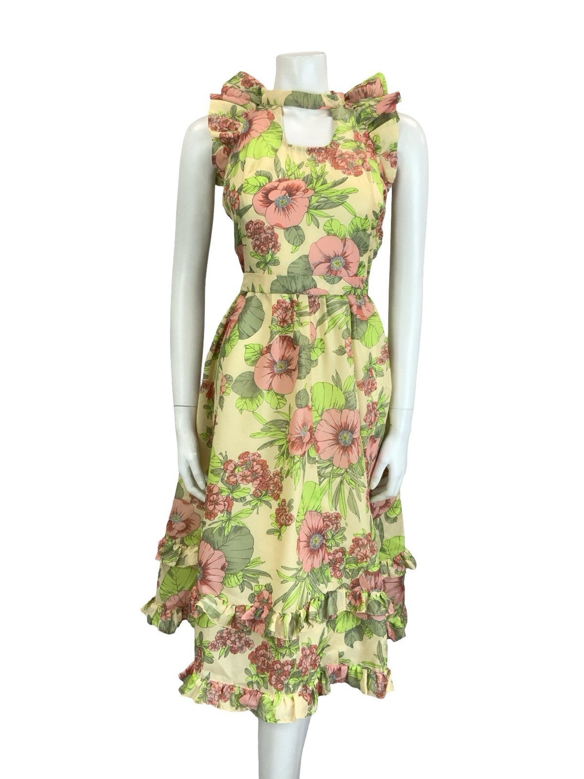 VTG 60S 70S CREAM PINK GREEN FLORAL RUFFLE KEYHOLE BELTED A LINE MIDI DRESS 4
