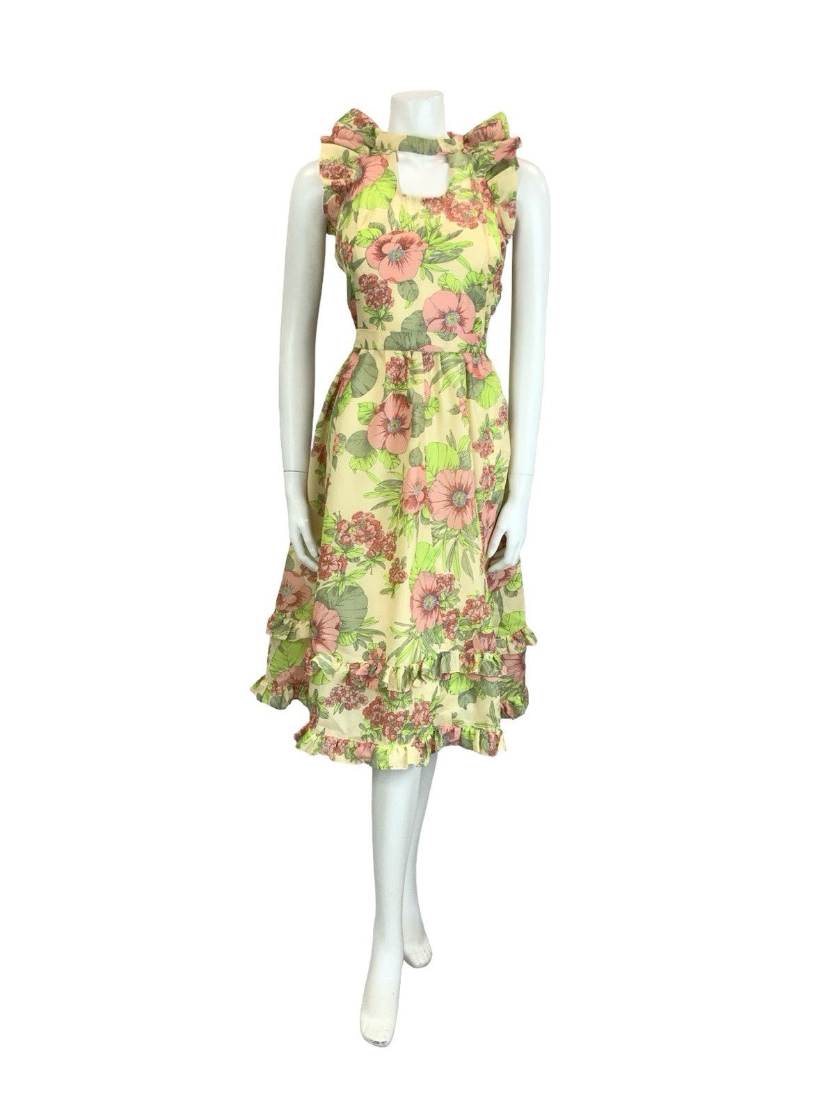 VTG 60S 70S CREAM PINK GREEN FLORAL RUFFLE KEYHOLE BELTED A LINE MIDI DRESS 4
