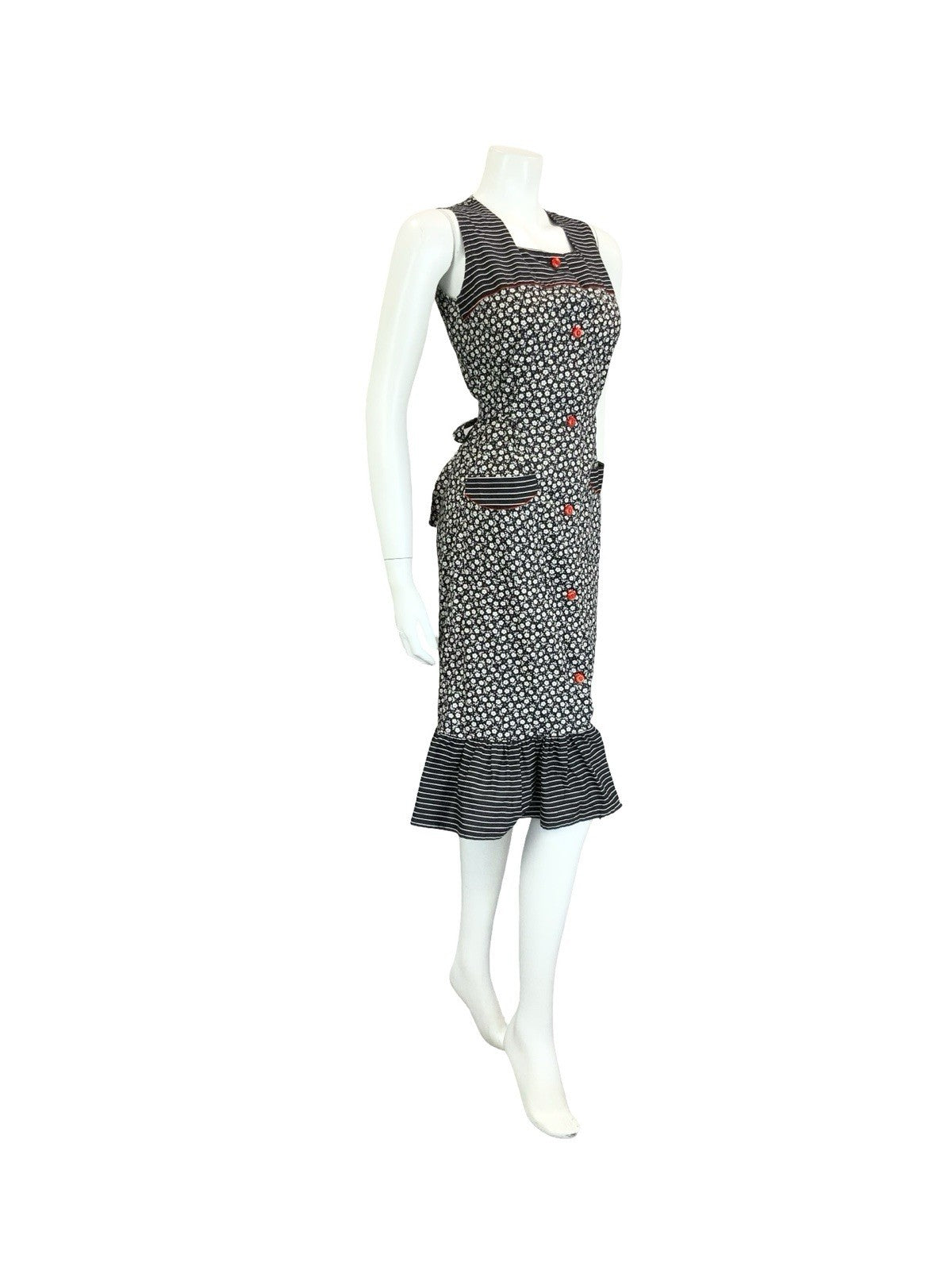 VTG 60S 70S BLACK WHITE RED FLORAL STRIPED COTTAGE TIE WAIST APRON SUN DRESS 10