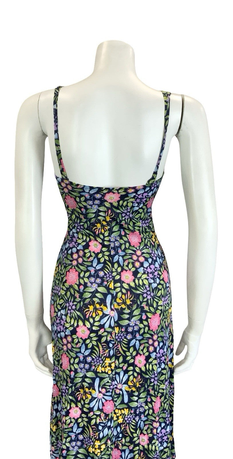 VTG 60S 70S NAVY BLUE PINK GREEN YELLOW PURPLE FLORAL STRAPPY SWEETHEART DRESS 8