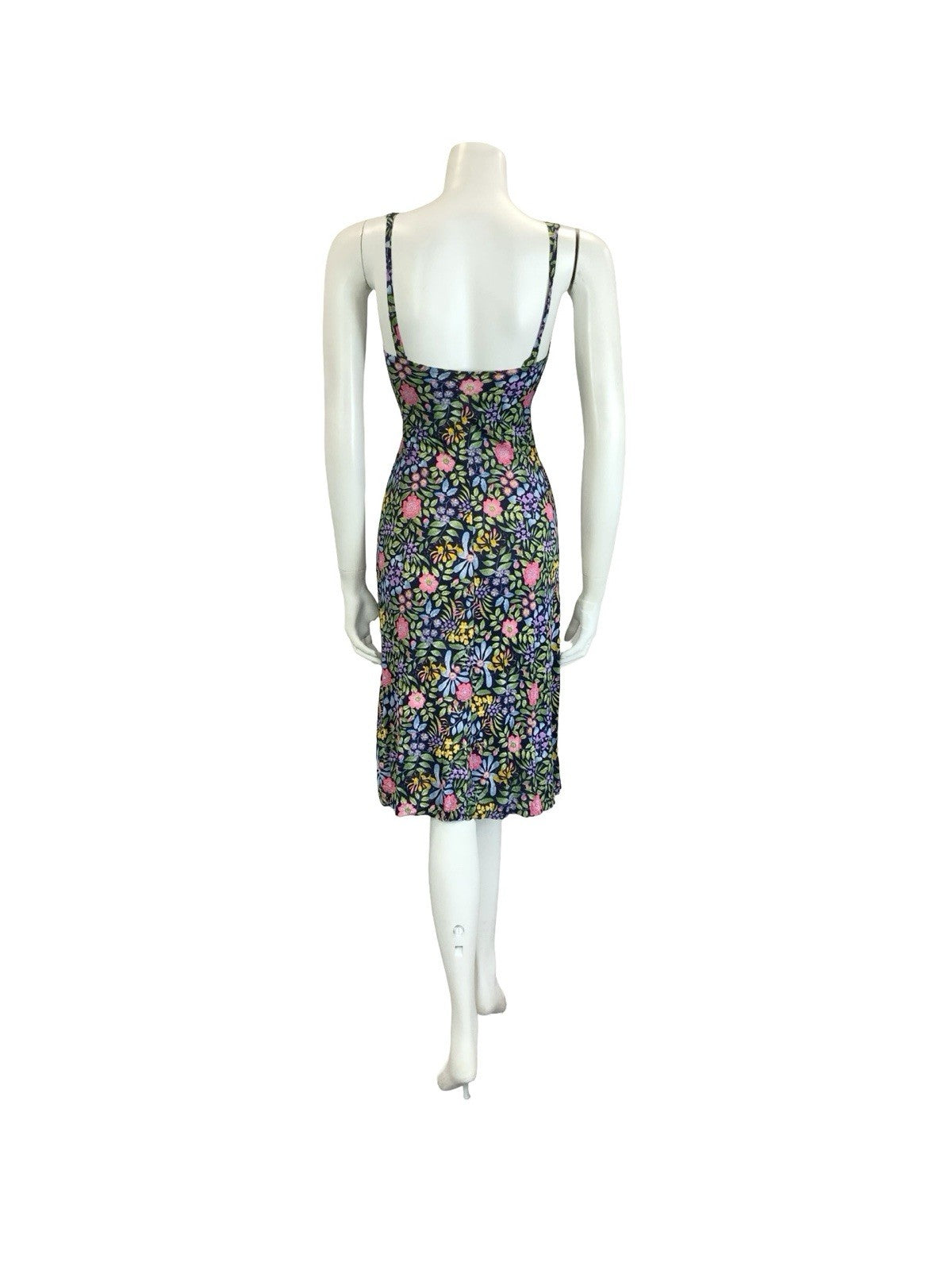 VTG 60S 70S NAVY BLUE PINK GREEN YELLOW PURPLE FLORAL STRAPPY SWEETHEART DRESS 8