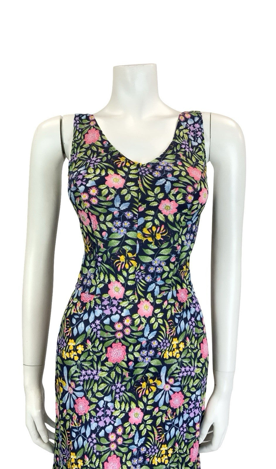 VTG 60S 70S NAVY BLUE PINK GREEN YELLOW PURPLE FLORAL STRAPPY SWEETHEART DRESS 8
