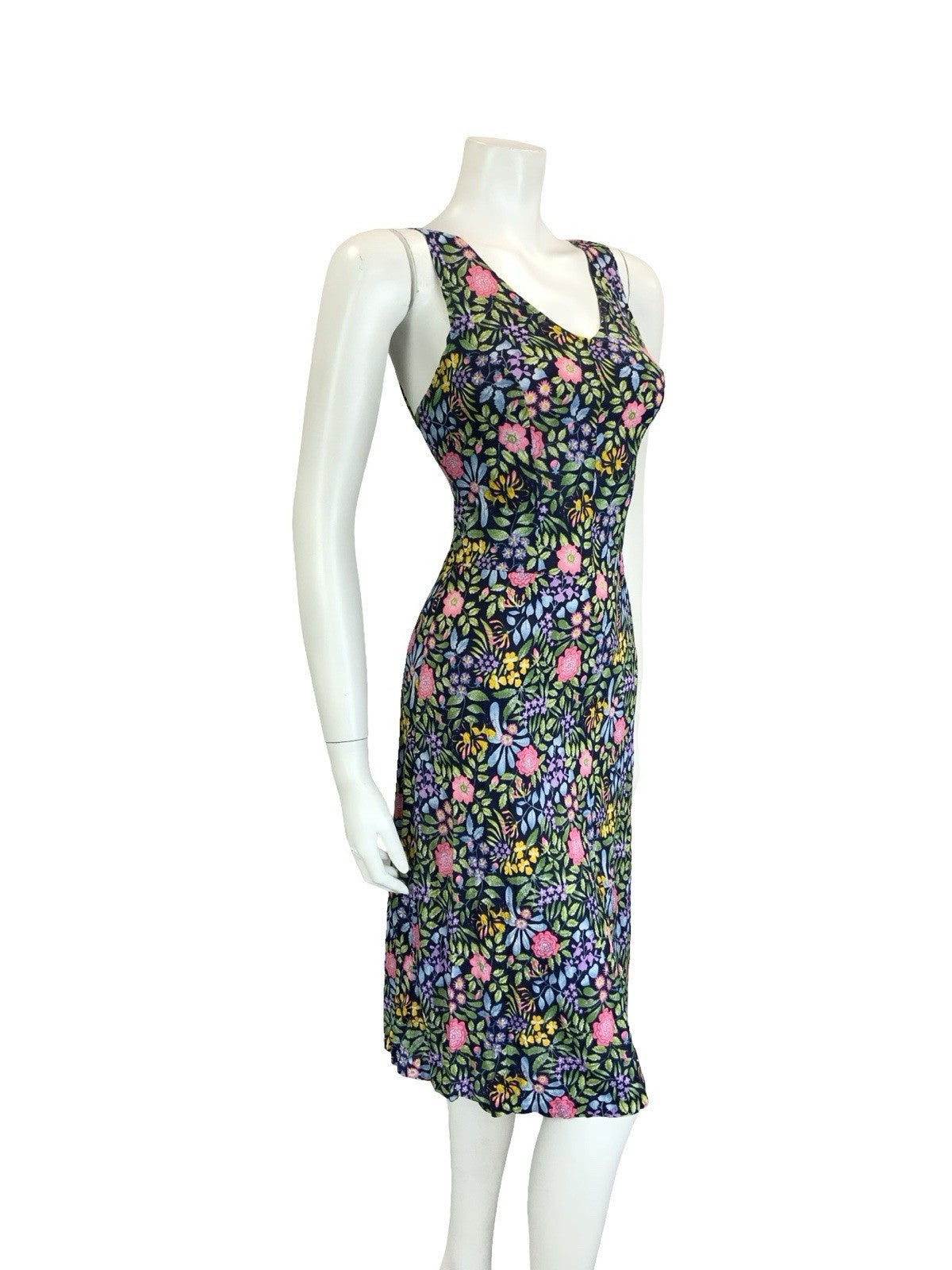 VTG 60S 70S NAVY BLUE PINK GREEN YELLOW PURPLE FLORAL STRAPPY SWEETHEART DRESS 8