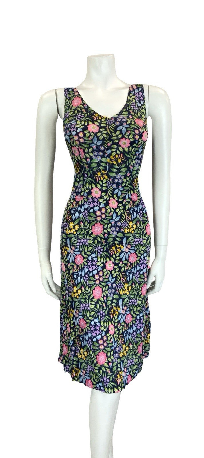 VTG 60S 70S NAVY BLUE PINK GREEN YELLOW PURPLE FLORAL STRAPPY SWEETHEART DRESS 8