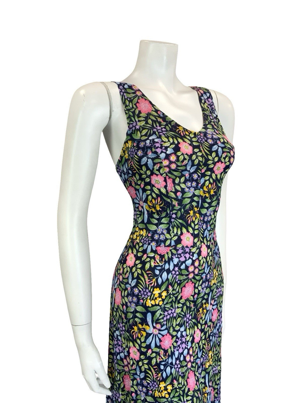 VTG 60S 70S NAVY BLUE PINK GREEN YELLOW PURPLE FLORAL STRAPPY SWEETHEART DRESS 8