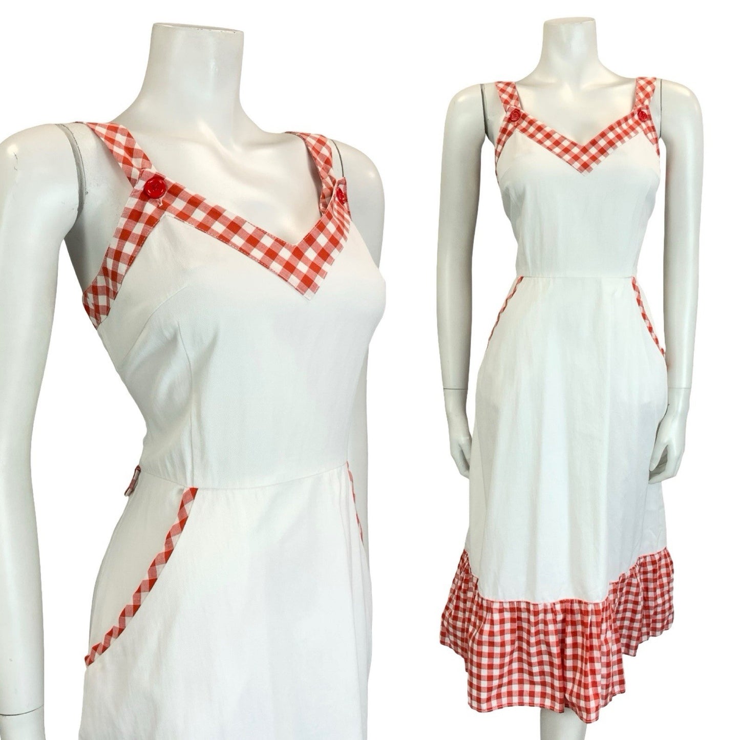 VTG 60S 70S WHITE RED SWEETHEART RUFFLE GINGHAM MIDI SUN DRESS W/ POCKETS 10