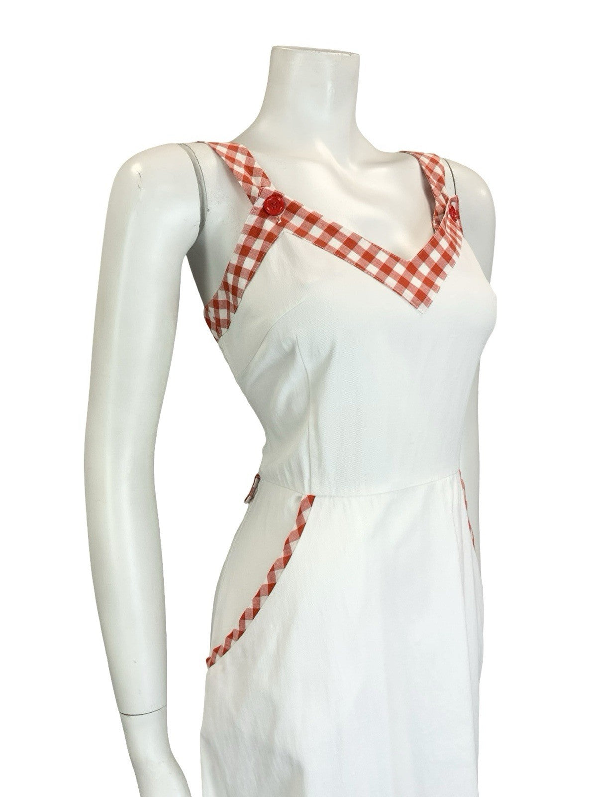 VTG 60S 70S WHITE RED SWEETHEART RUFFLE GINGHAM MIDI SUN DRESS W/ POCKETS 10