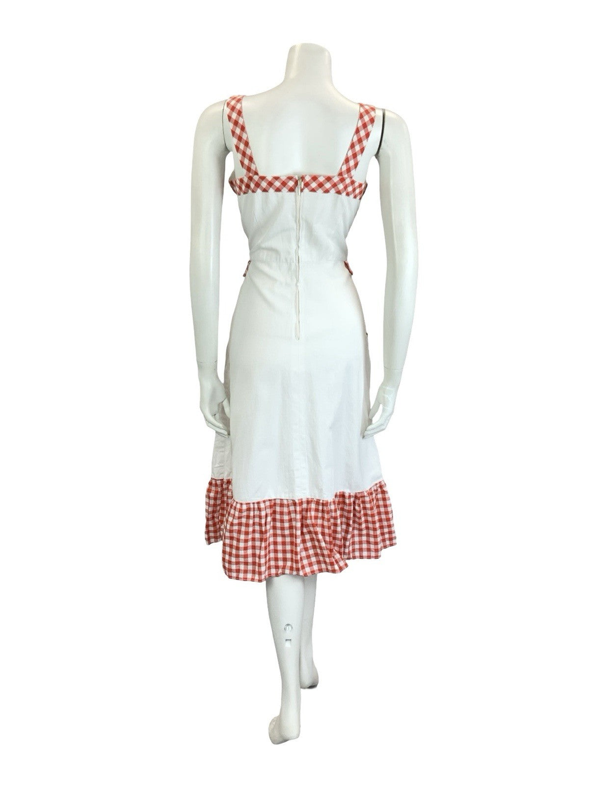 VTG 60S 70S WHITE RED SWEETHEART RUFFLE GINGHAM MIDI SUN DRESS W/ POCKETS 10