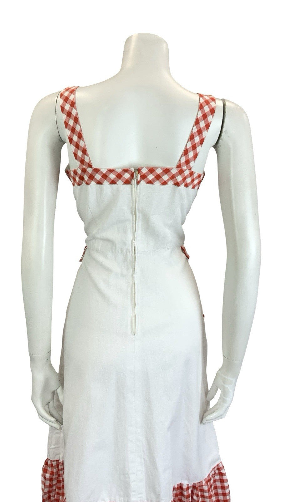 VTG 60S 70S WHITE RED SWEETHEART RUFFLE GINGHAM MIDI SUN DRESS W/ POCKETS 10