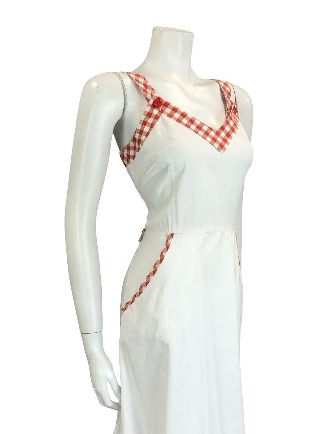 VTG 60S 70S WHITE RED SWEETHEART RUFFLE GINGHAM MIDI SUN DRESS W/ POCKETS 10