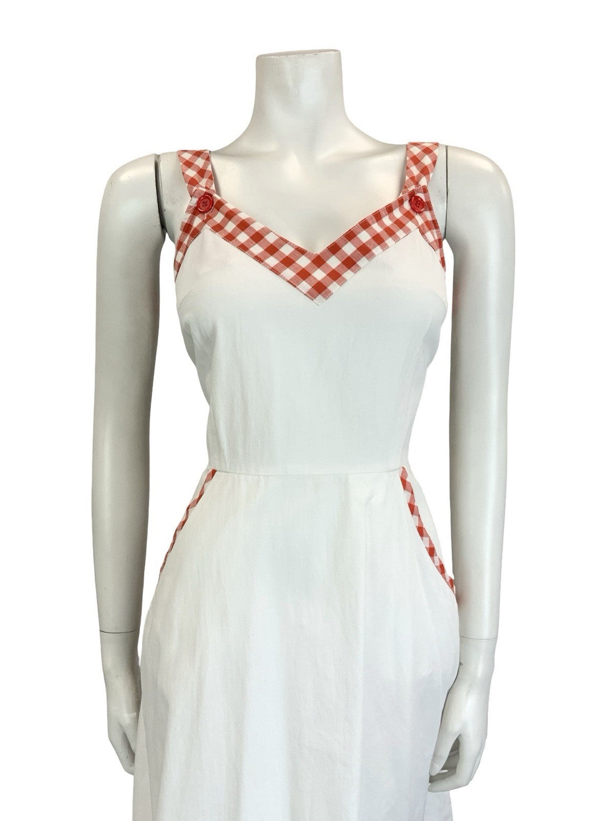 VTG 60S 70S WHITE RED SWEETHEART RUFFLE GINGHAM MIDI SUN DRESS W/ POCKETS 10