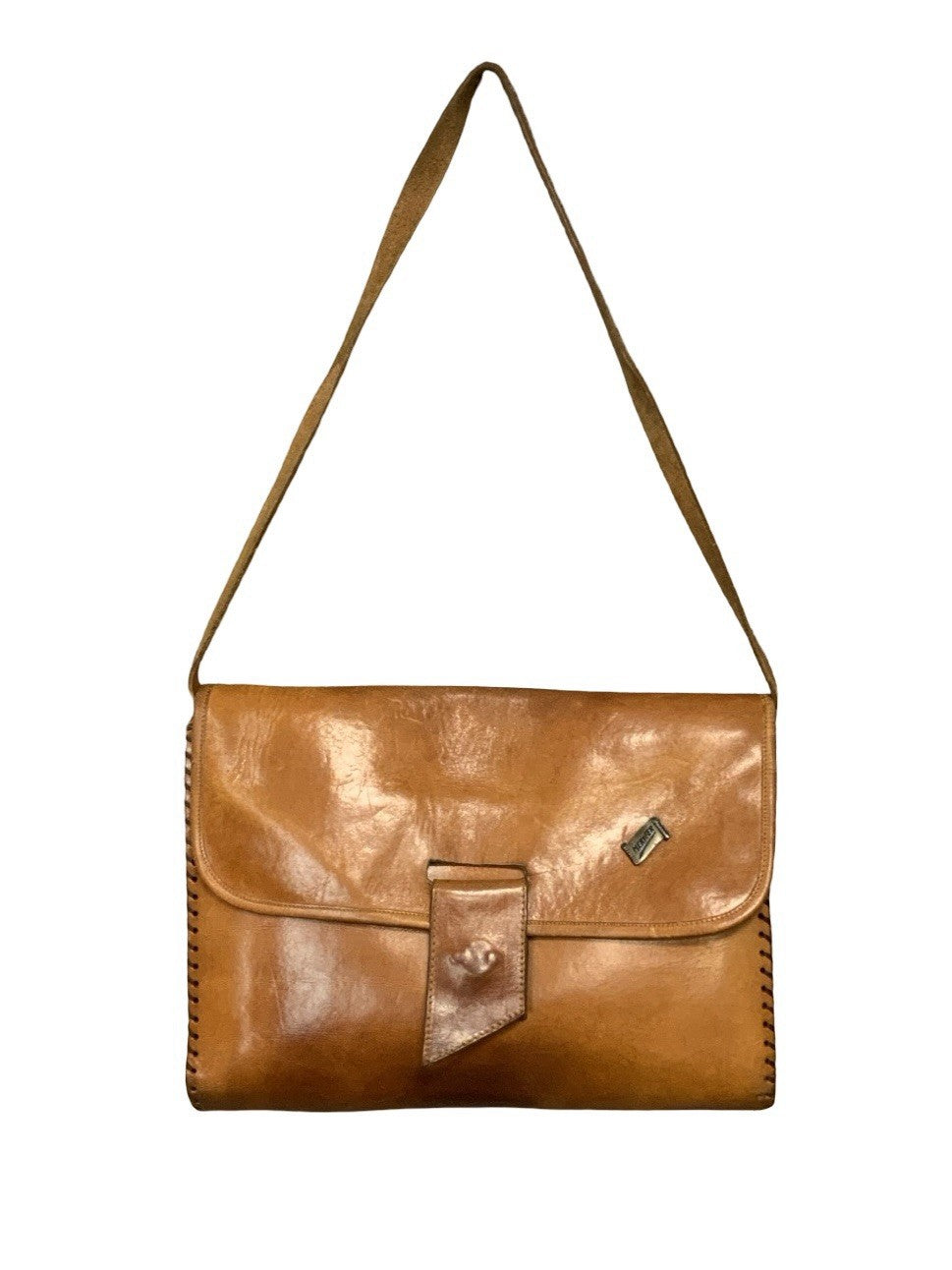 VTG 60S 70S TAN BROWN LEATHER BOHO HIPPY WHIP STITCH SHOULDER BAG