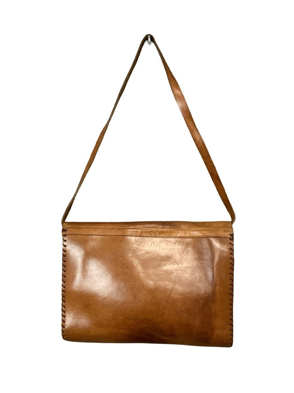 VTG 60S 70S TAN BROWN LEATHER BOHO HIPPY WHIP STITCH SHOULDER BAG
