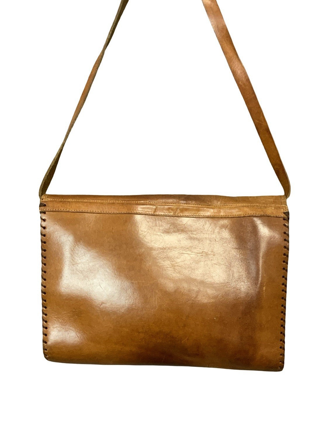 VTG 60S 70S TAN BROWN LEATHER BOHO HIPPY WHIP STITCH SHOULDER BAG