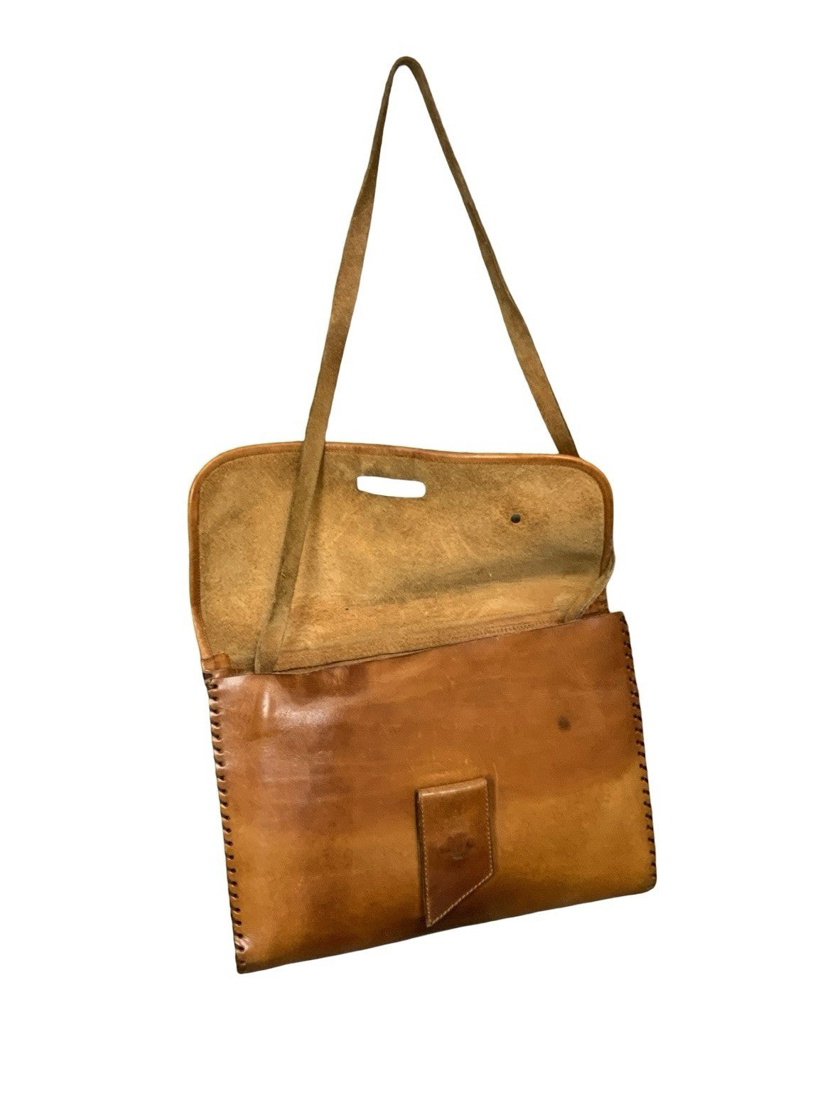 VTG 60S 70S TAN BROWN LEATHER BOHO HIPPY WHIP STITCH SHOULDER BAG