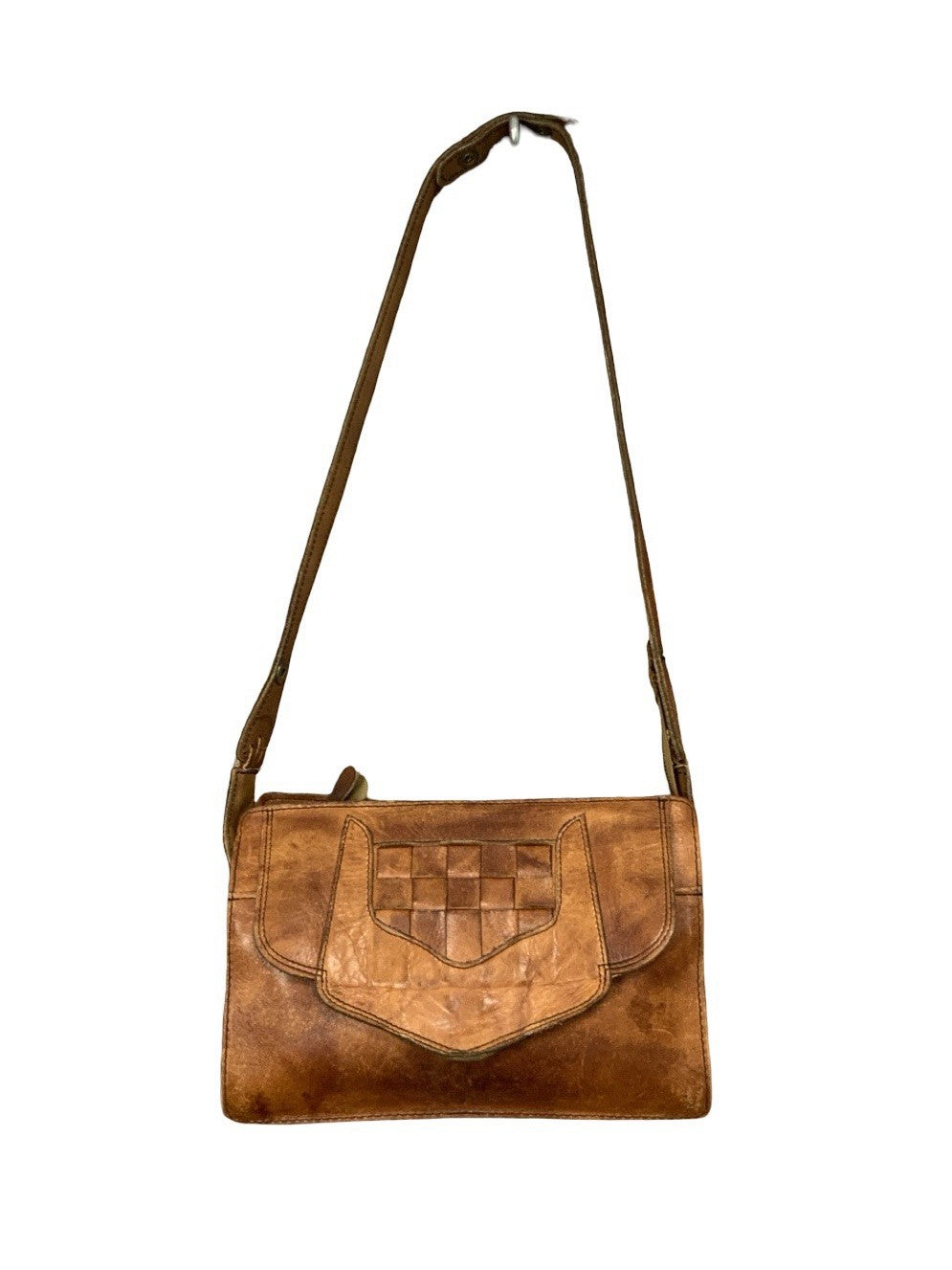 VTG 60S 70S TAN BROWN LEATHER WESTERN BOHO WOVEN SHOULDER BAG