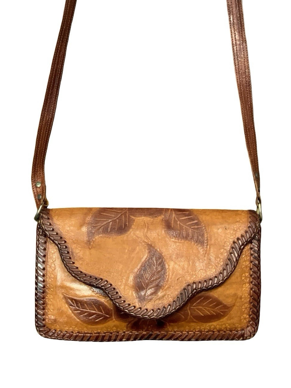 VTG 60S 70S TAN DARK BROWN LEATHER FLORAL BOHO LEAF WHIP STITCH CROSS BODY BAG