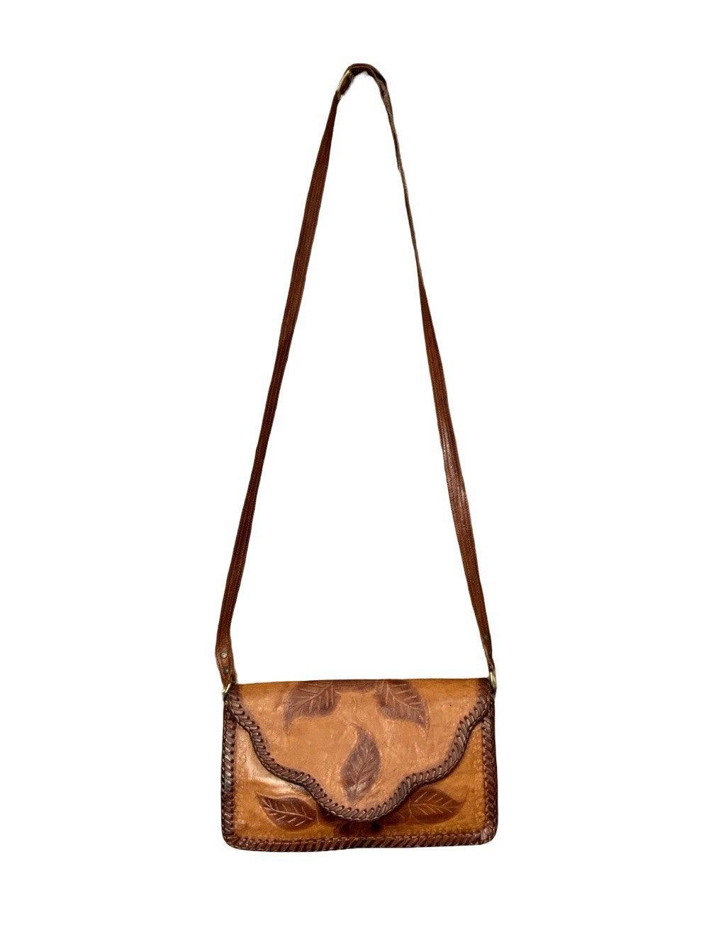 VTG 60S 70S TAN DARK BROWN LEATHER FLORAL BOHO LEAF WHIP STITCH CROSS BODY BAG