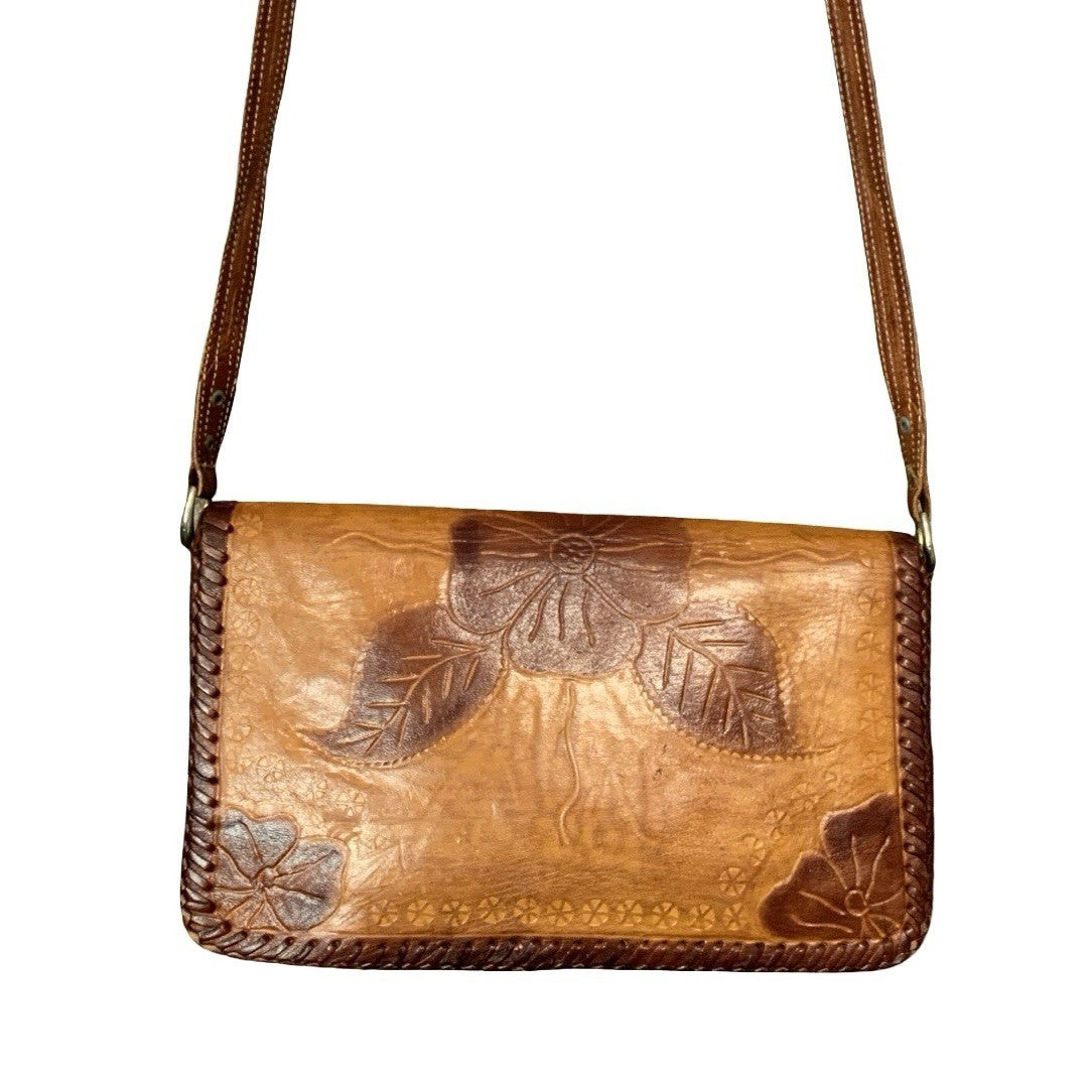 VTG 60S 70S TAN DARK BROWN LEATHER FLORAL BOHO LEAF WHIP STITCH CROSS BODY BAG