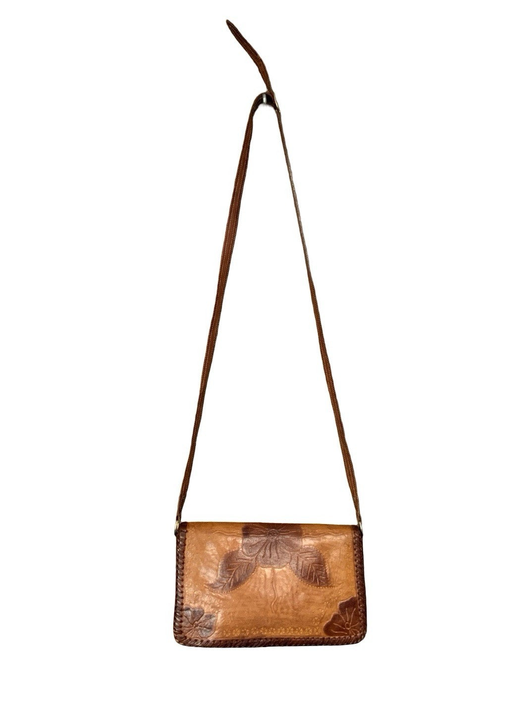VTG 60S 70S TAN DARK BROWN LEATHER FLORAL BOHO LEAF WHIP STITCH CROSS BODY BAG
